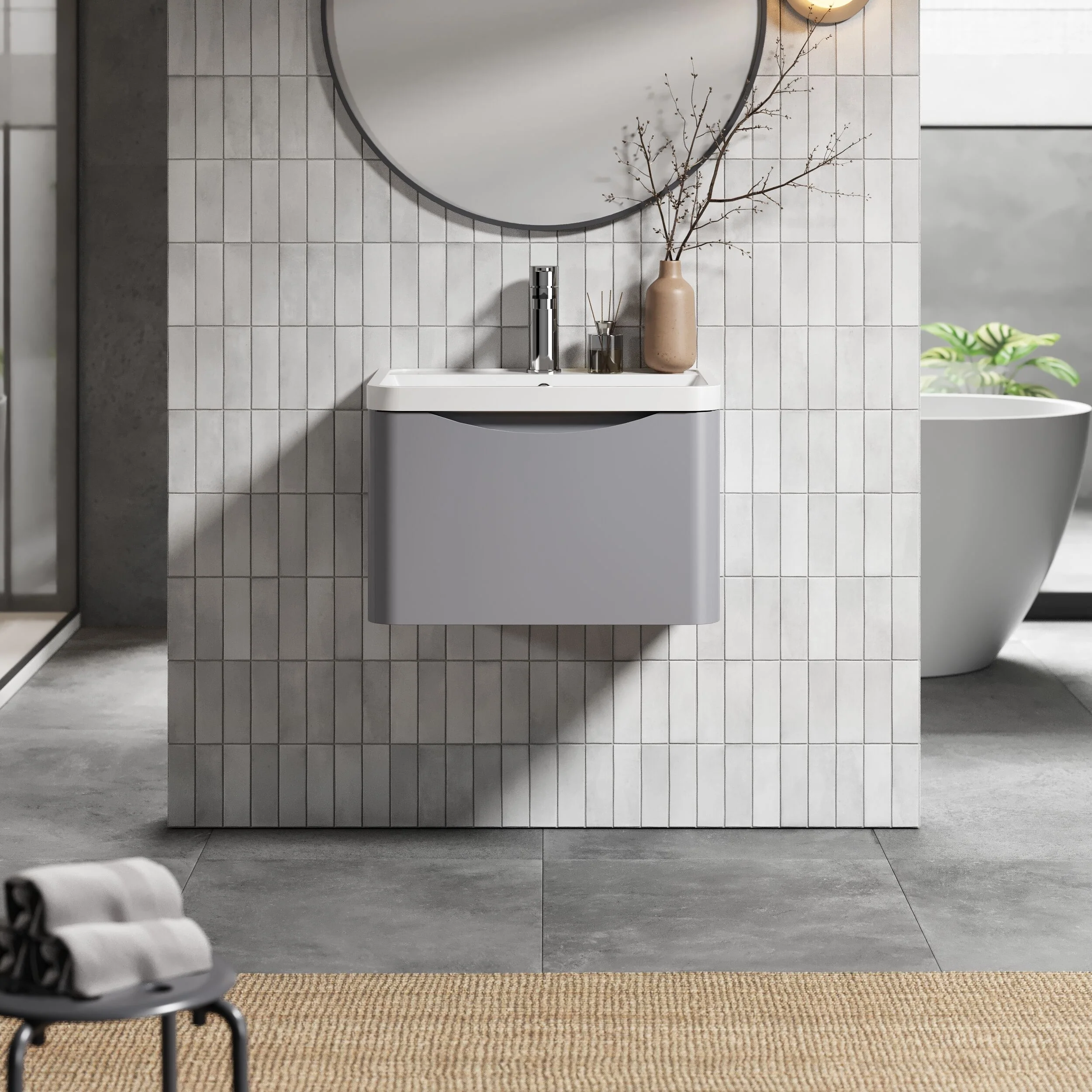 Balterley Arch Wall Hung 1 Drawer Bathroom Vanity Unit & Polymarble Basin, Satin Grey, 550mm - Image 2