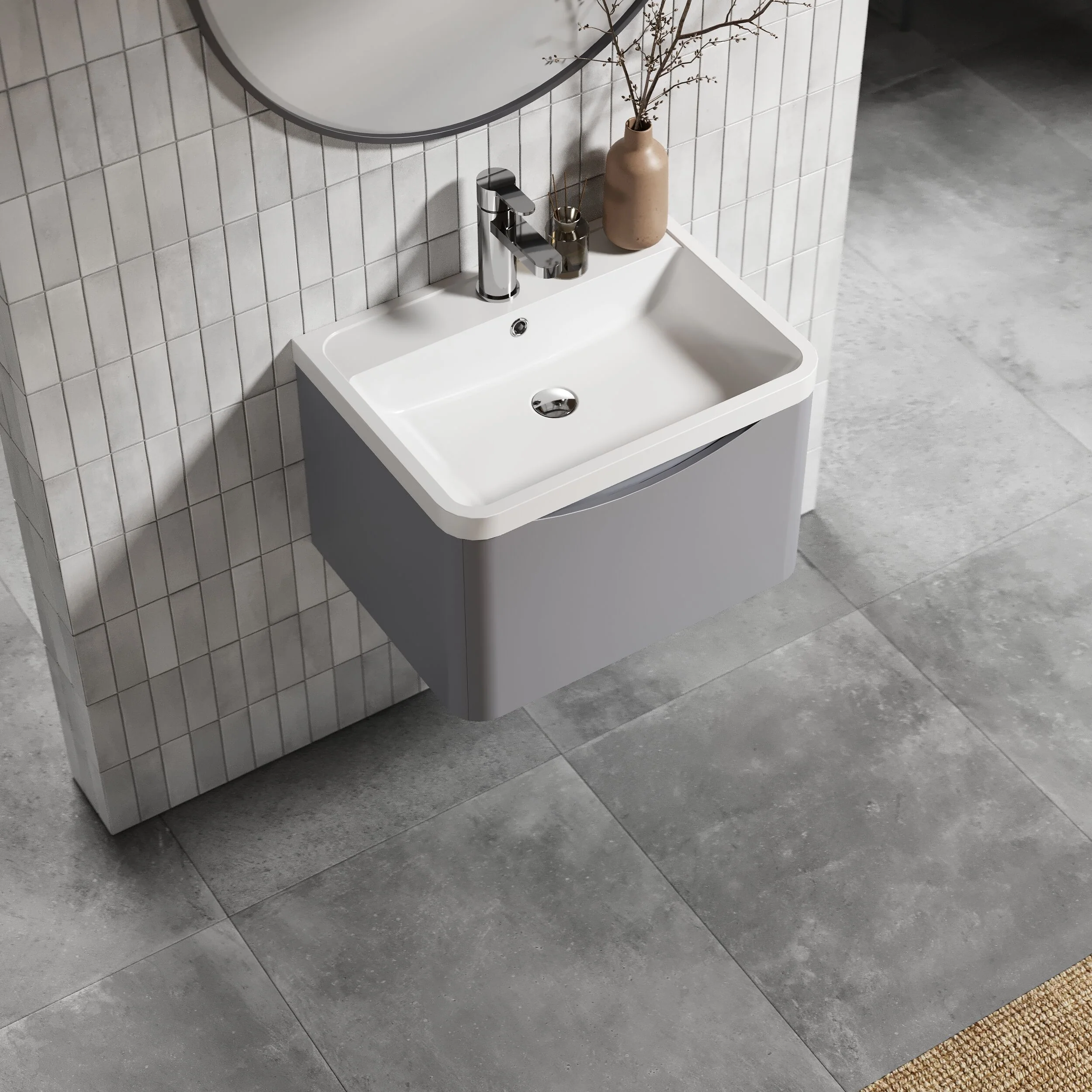 Balterley Arch Wall Hung 1 Drawer Bathroom Vanity Unit & Polymarble Basin, Satin Grey, 550mm - Image 3