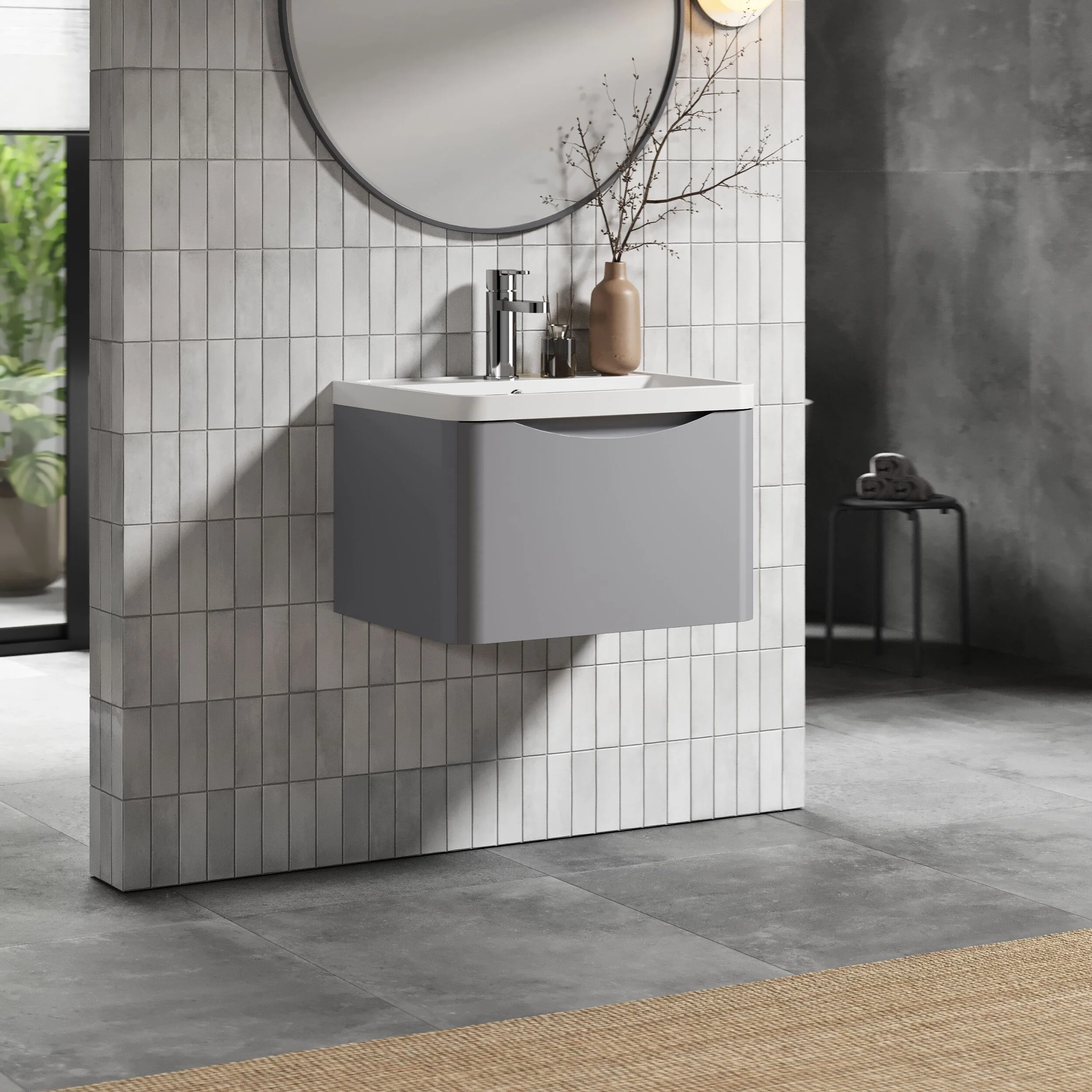 Balterley Arch Wall Hung 1 Drawer Bathroom Vanity Unit & Polymarble Basin, Satin Grey, 550mm - Image 4