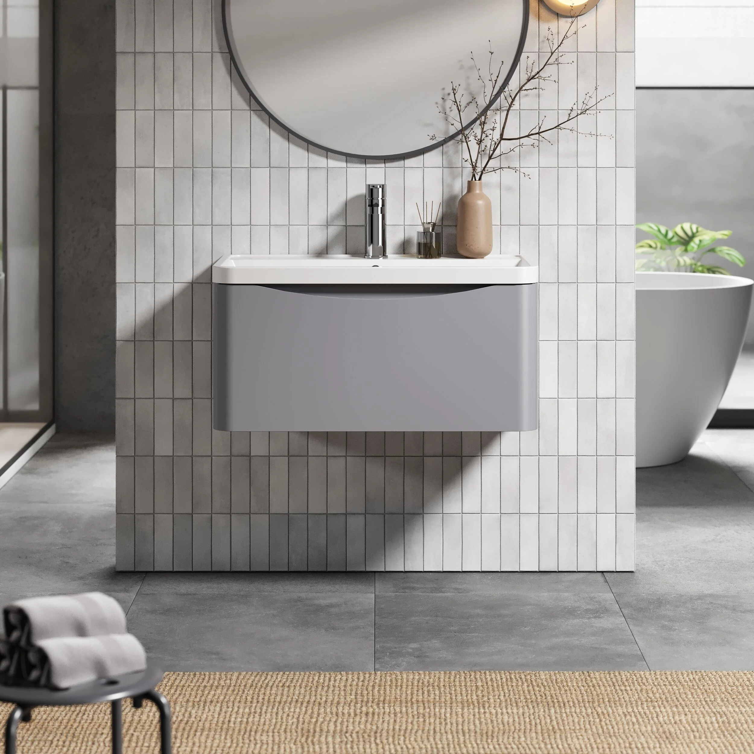 Balterley Arch Wall Hung 1 Drawer Bathroom Vanity Unit & Polymarble Basin, Satin Grey, 755mm - Image 2