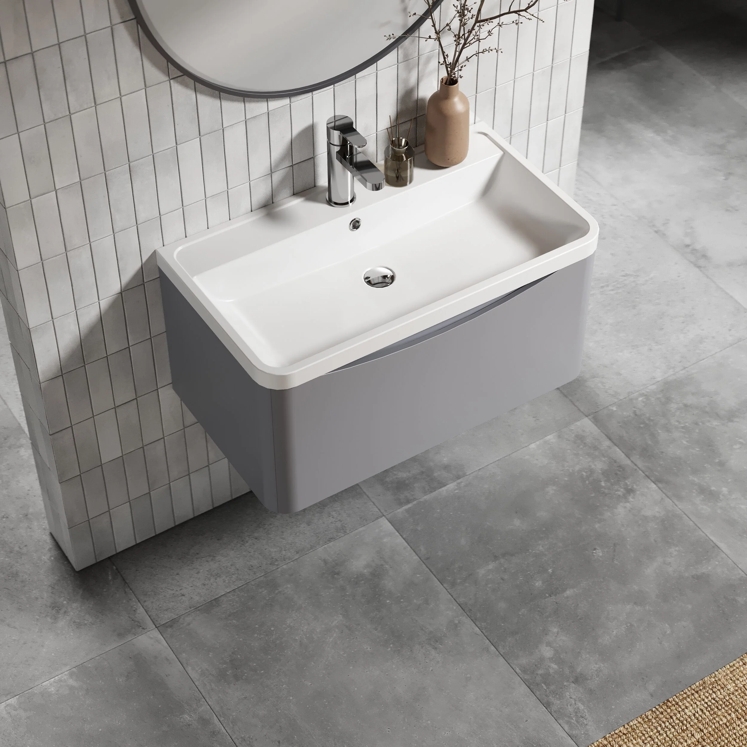 Balterley Arch Wall Hung 1 Drawer Bathroom Vanity Unit & Polymarble Basin, Satin Grey, 755mm - Image 3
