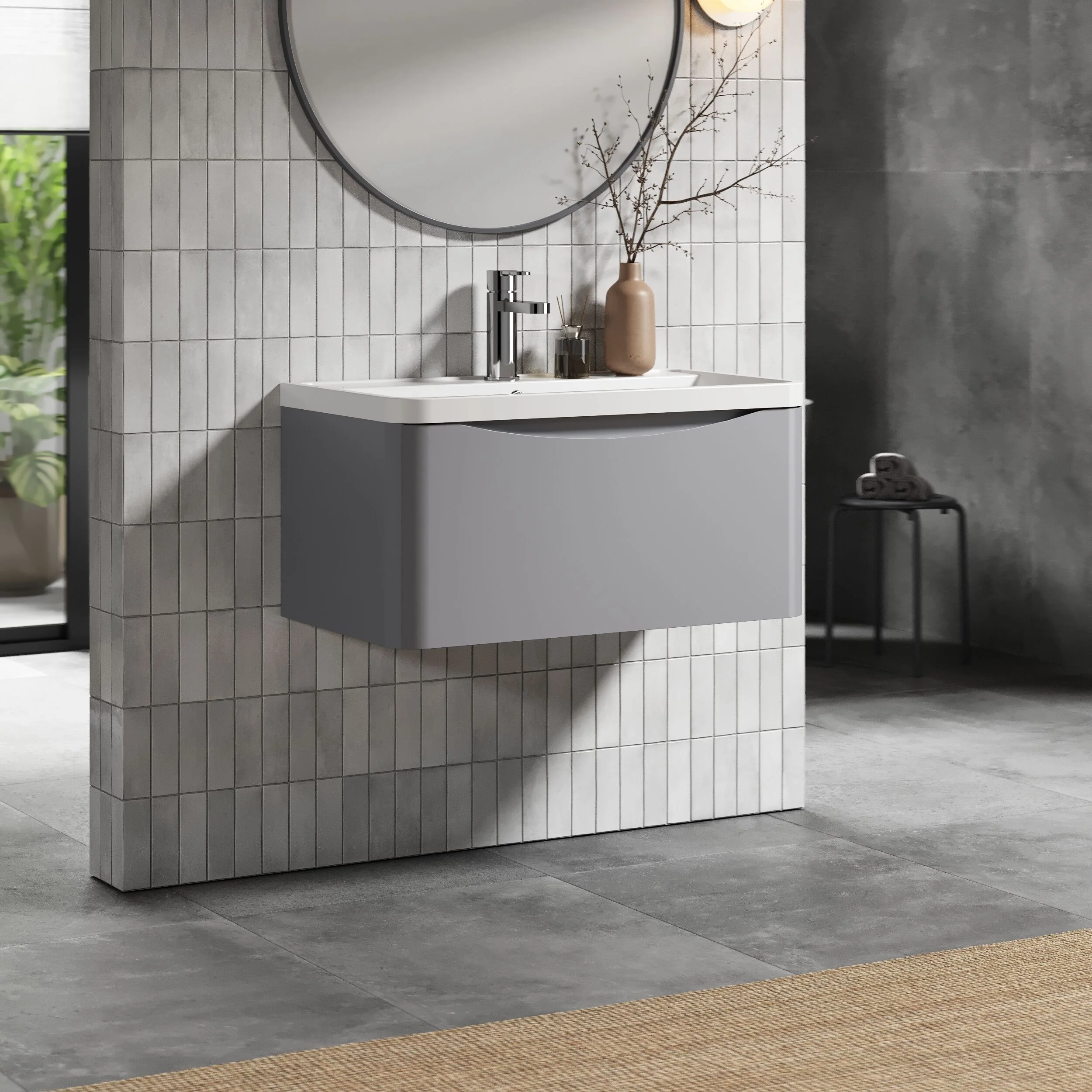 Balterley Arch Wall Hung 1 Drawer Bathroom Vanity Unit & Polymarble Basin, Satin Grey, 755mm - Image 4