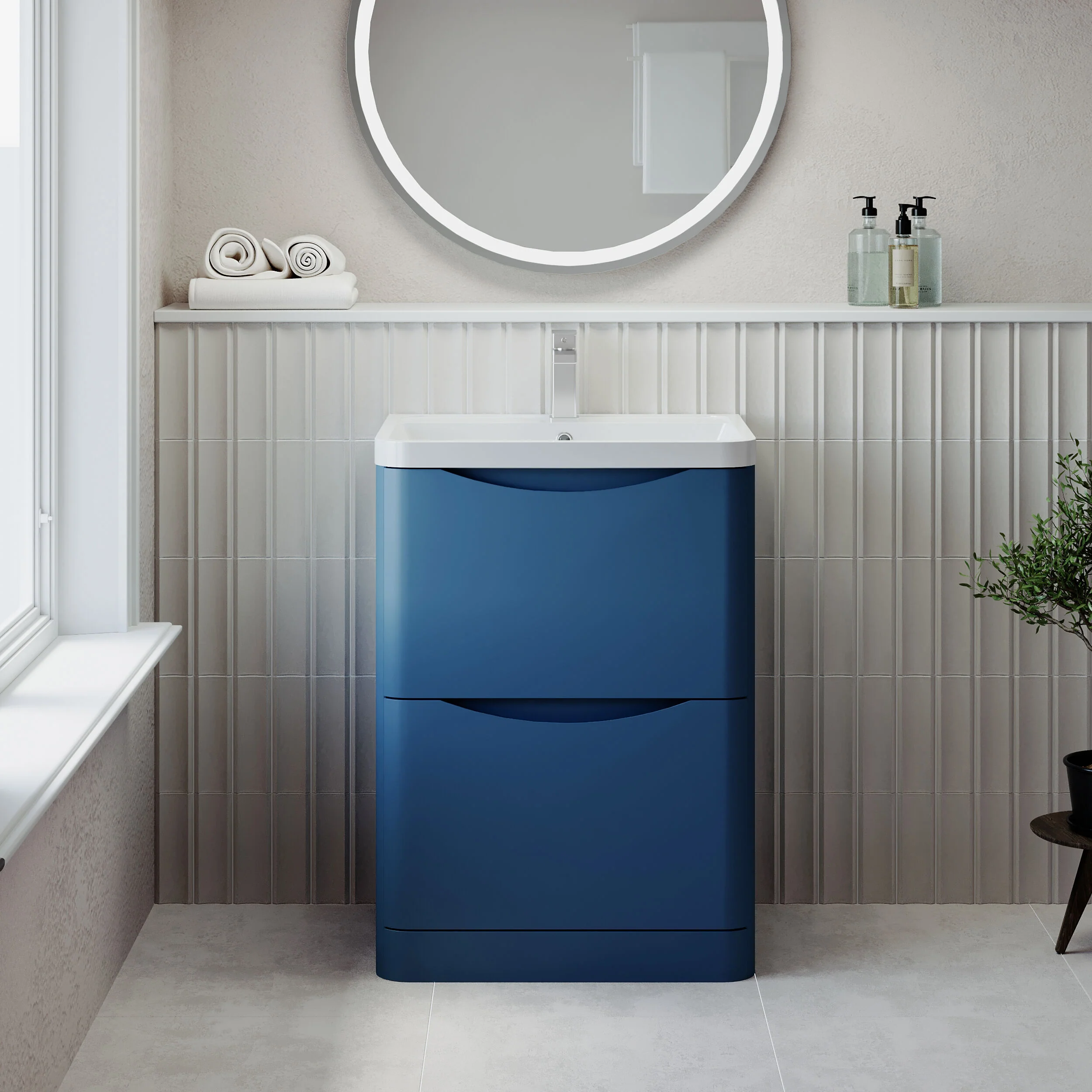 Balterley Arch Floor Standing 2 Drawer Bathroom Vanity Unit & Polymarble Basin, Satin Blue, 550mm - Image 2