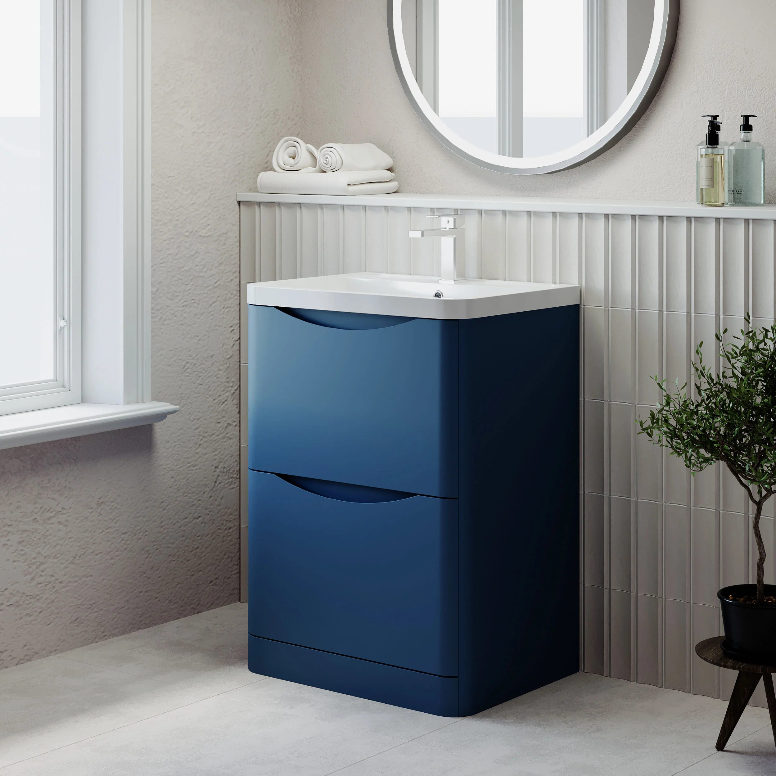 Balterley Arch Floor Standing 2 Drawer Bathroom Vanity Unit & Polymarble Basin, Satin Blue, 550mm - Image 4