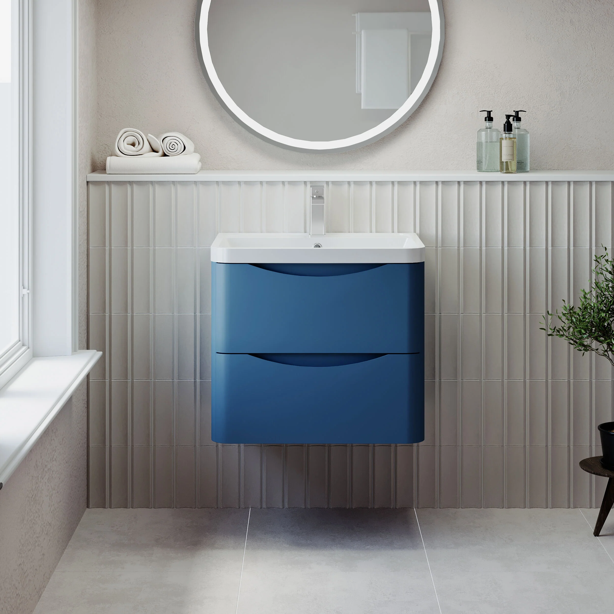 Balterley Arch Wall Hung 2 Drawer Bathroom Vanity Unit & Polymarble Basin, Satin Blue, 550mm - Image 2