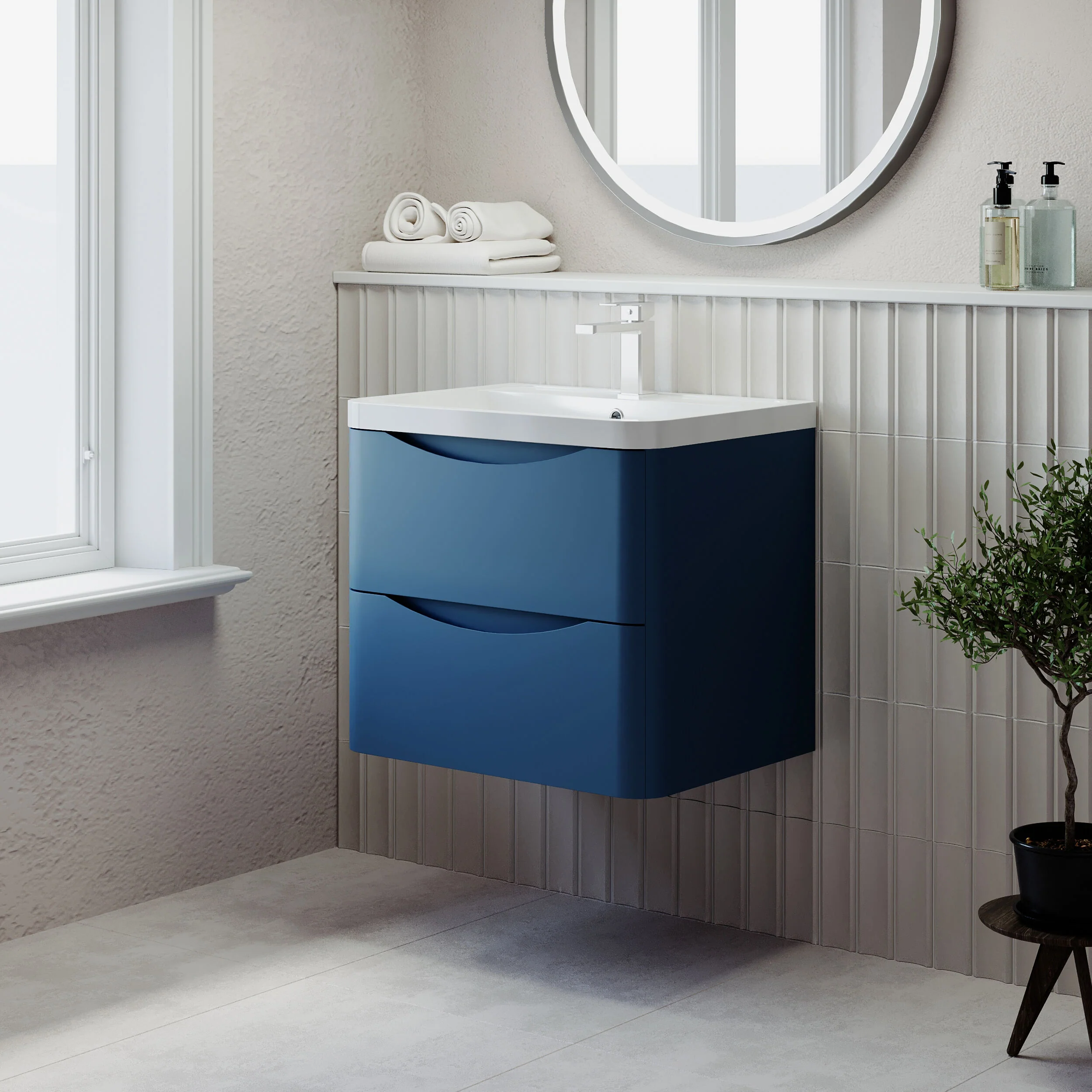 Balterley Arch Wall Hung 2 Drawer Bathroom Vanity Unit & Polymarble Basin, Satin Blue, 550mm - Image 4