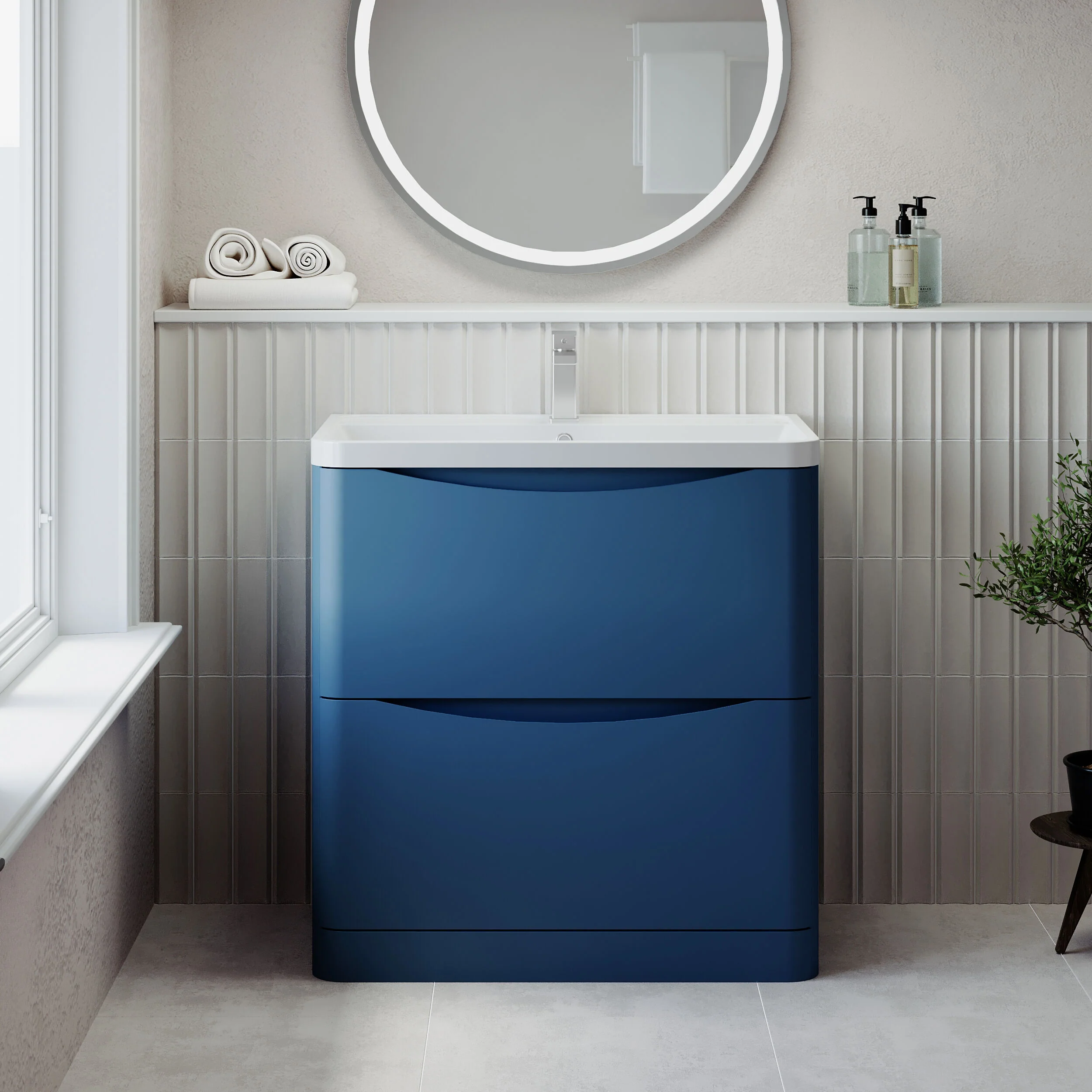 Balterley Arch Floor Standing 2 Drawer Bathroom Vanity Unit & Polymarble Basin, Satin Blue, 755mm - Image 2