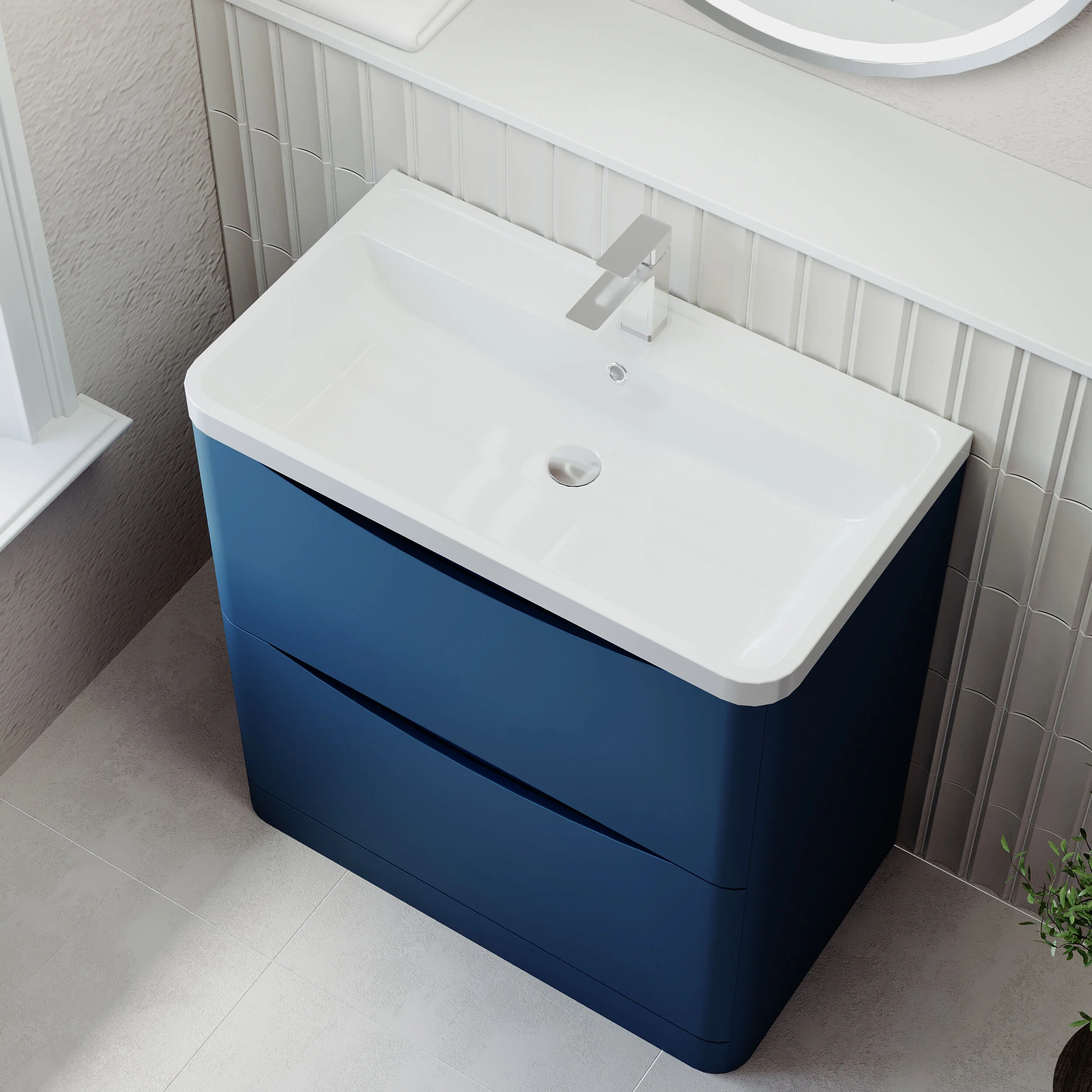 Balterley Arch Floor Standing 2 Drawer Bathroom Vanity Unit & Polymarble Basin, Satin Blue, 755mm - Image 3