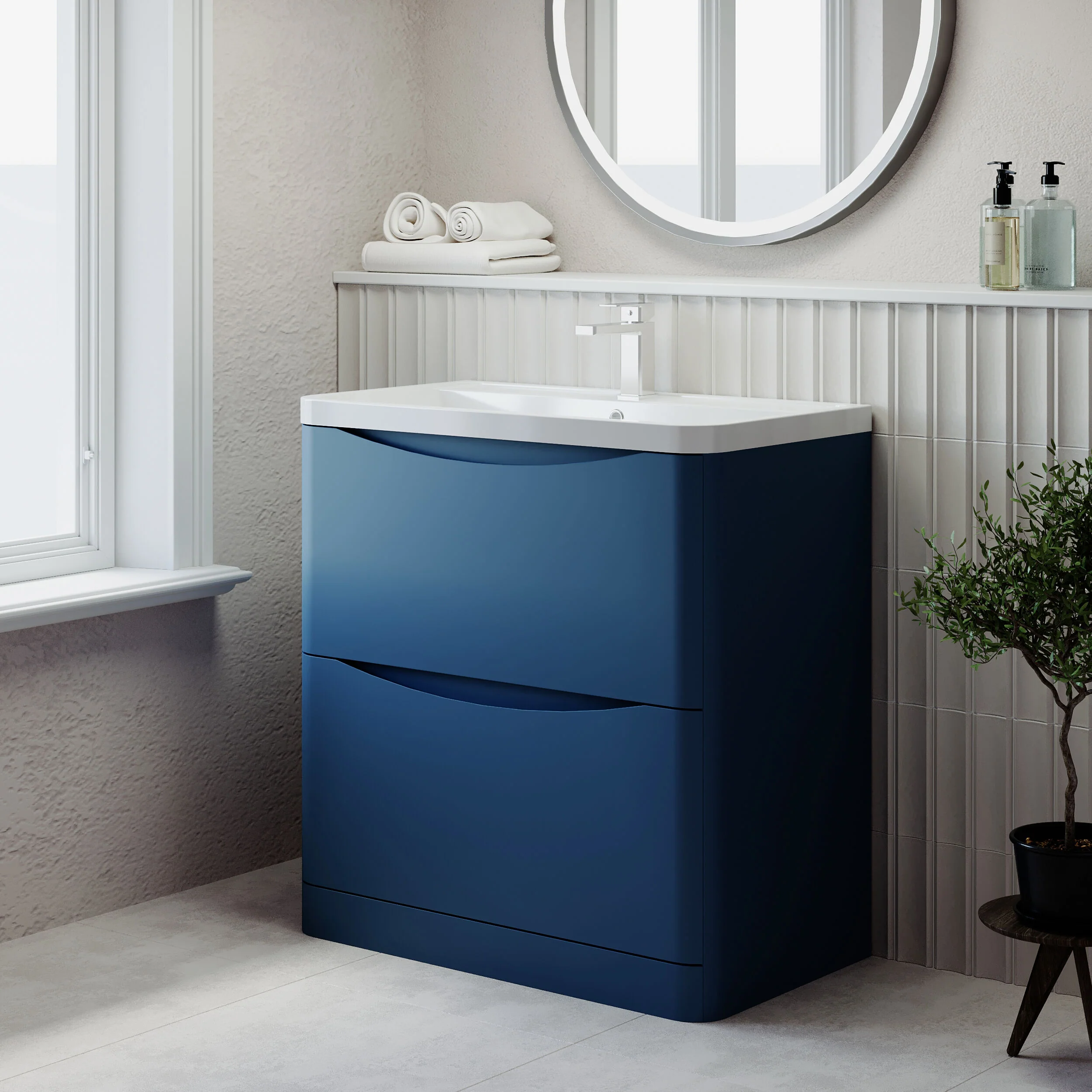 Balterley Arch Floor Standing 2 Drawer Bathroom Vanity Unit & Polymarble Basin, Satin Blue, 755mm - Image 4
