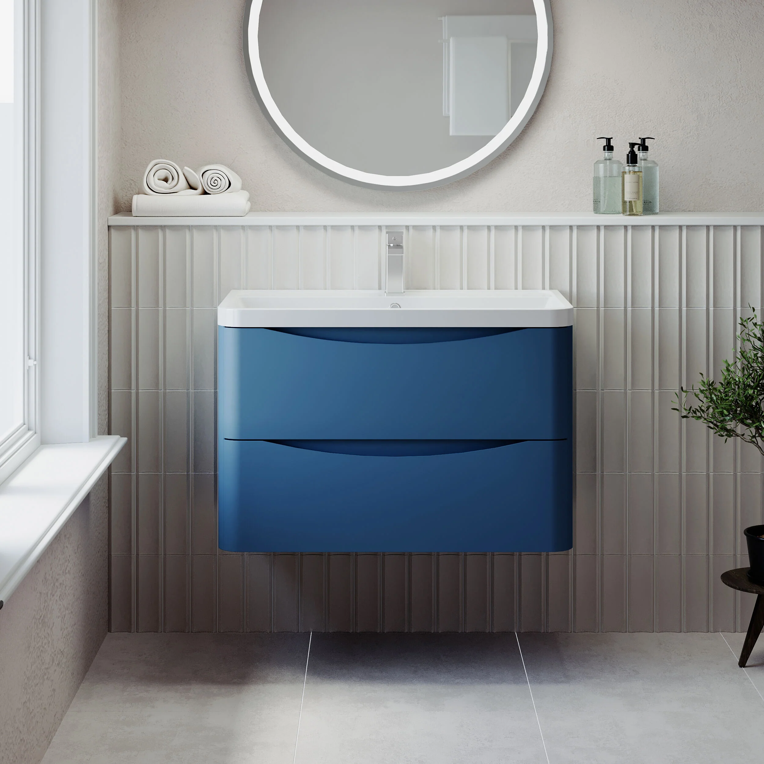 Balterley Arch Wall Hung 2 Drawer Bathroom Vanity Unit & Polymarble Basin, Satin Blue, 755mm - Image 2