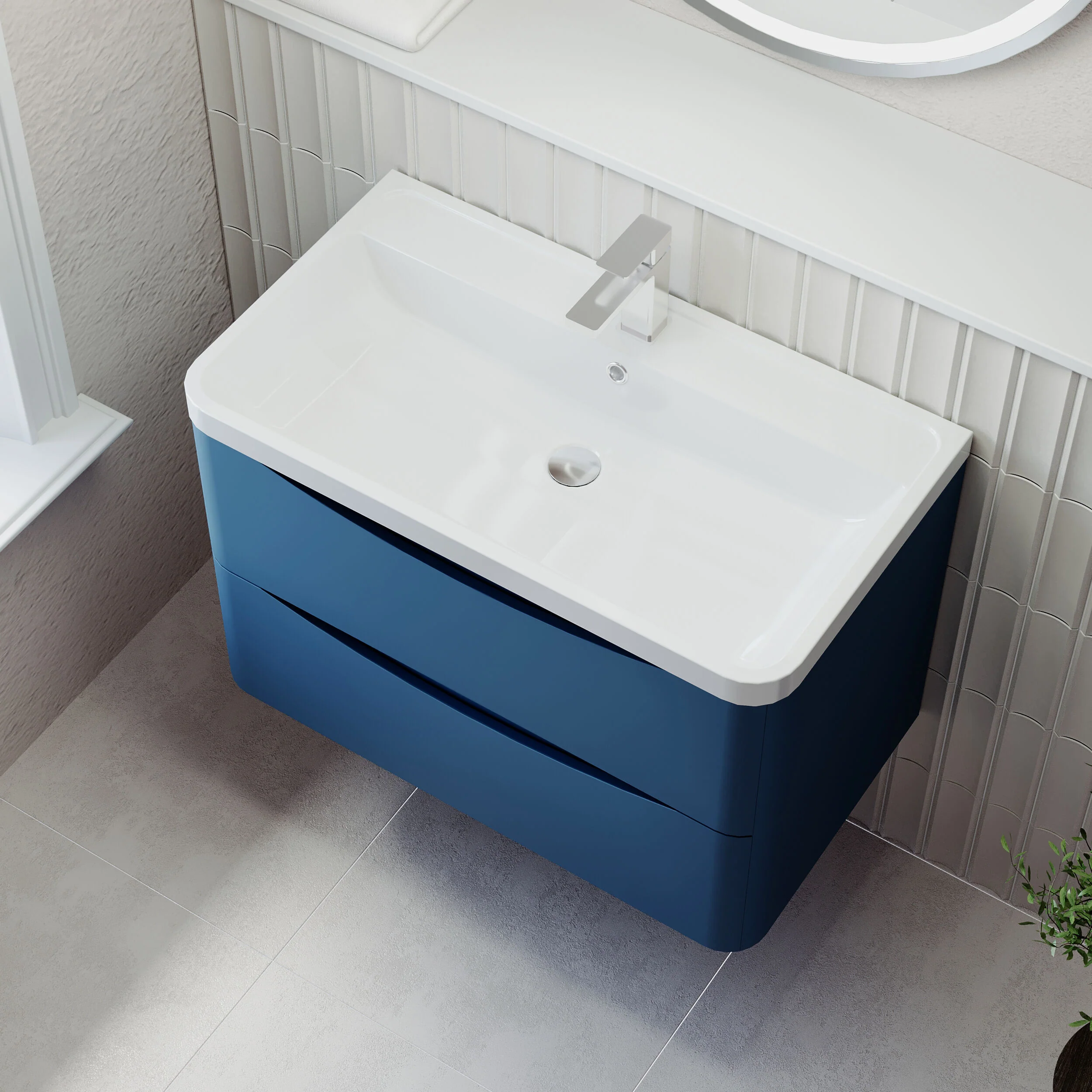 Balterley Arch Wall Hung 2 Drawer Bathroom Vanity Unit & Polymarble Basin, Satin Blue, 755mm - Image 3