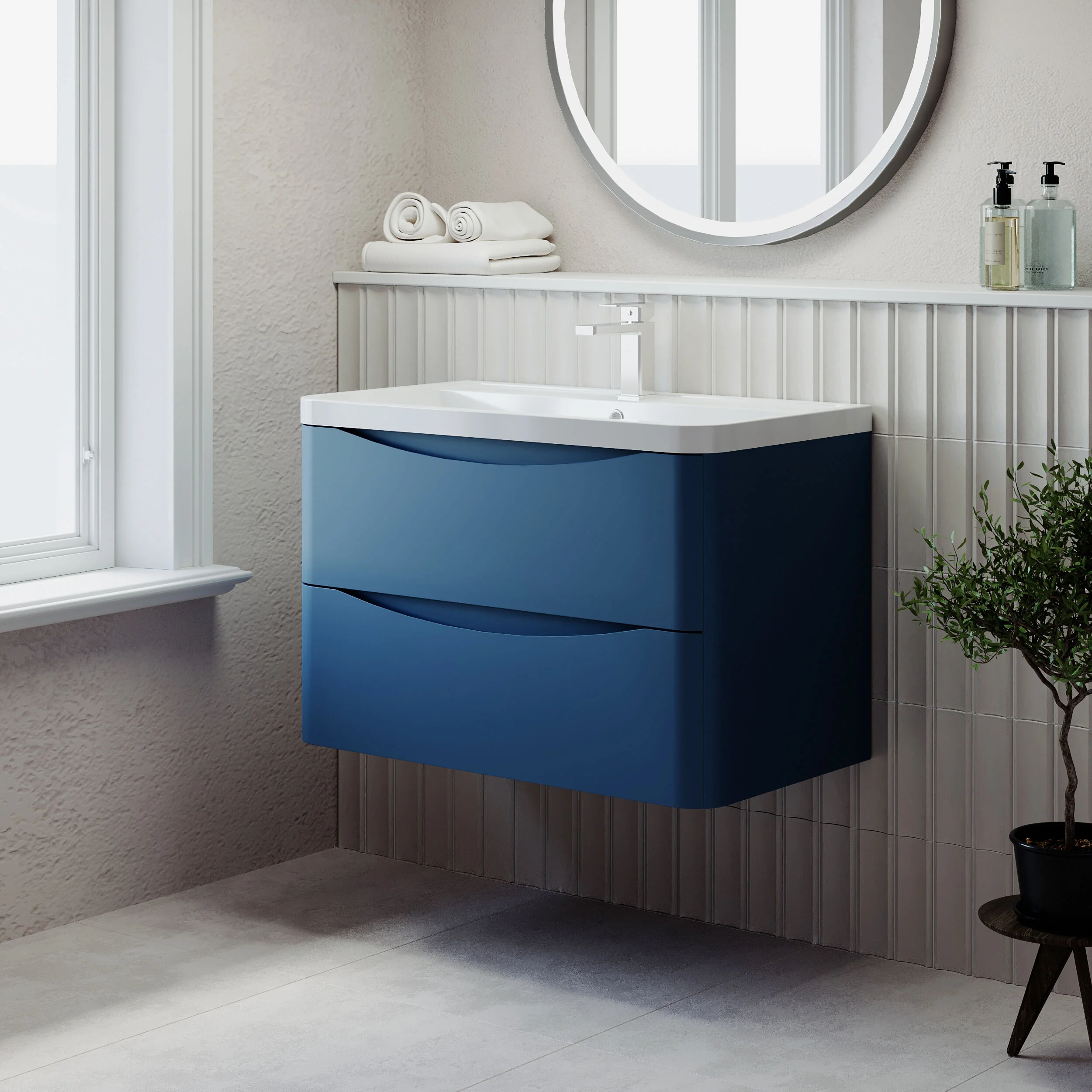Balterley Arch Wall Hung 2 Drawer Bathroom Vanity Unit & Polymarble Basin, Satin Blue, 755mm - Image 4