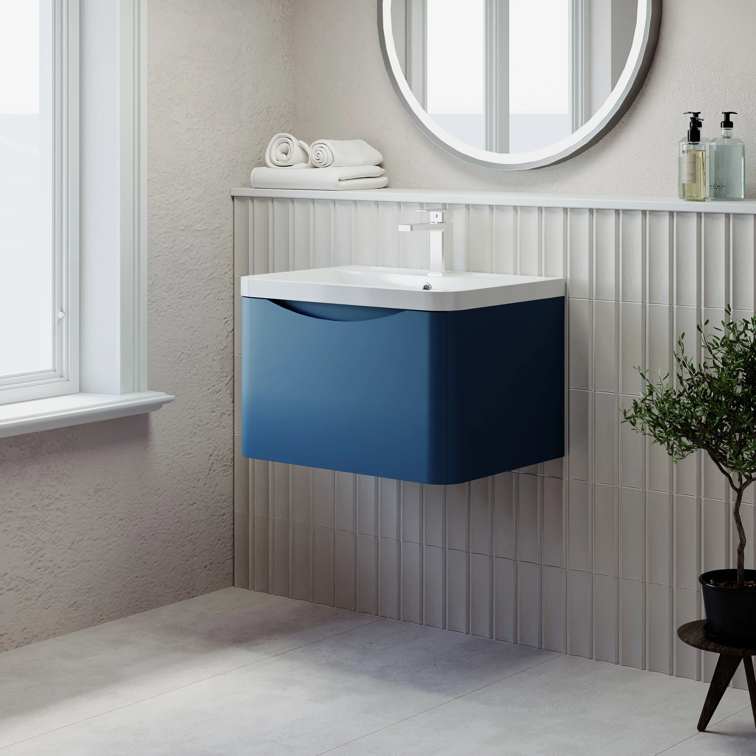 Balterley Arch Wall Hung 1 Drawer Bathroom Vanity Unit & Polymarble Basin, Satin Blue, 550mm - Image 4
