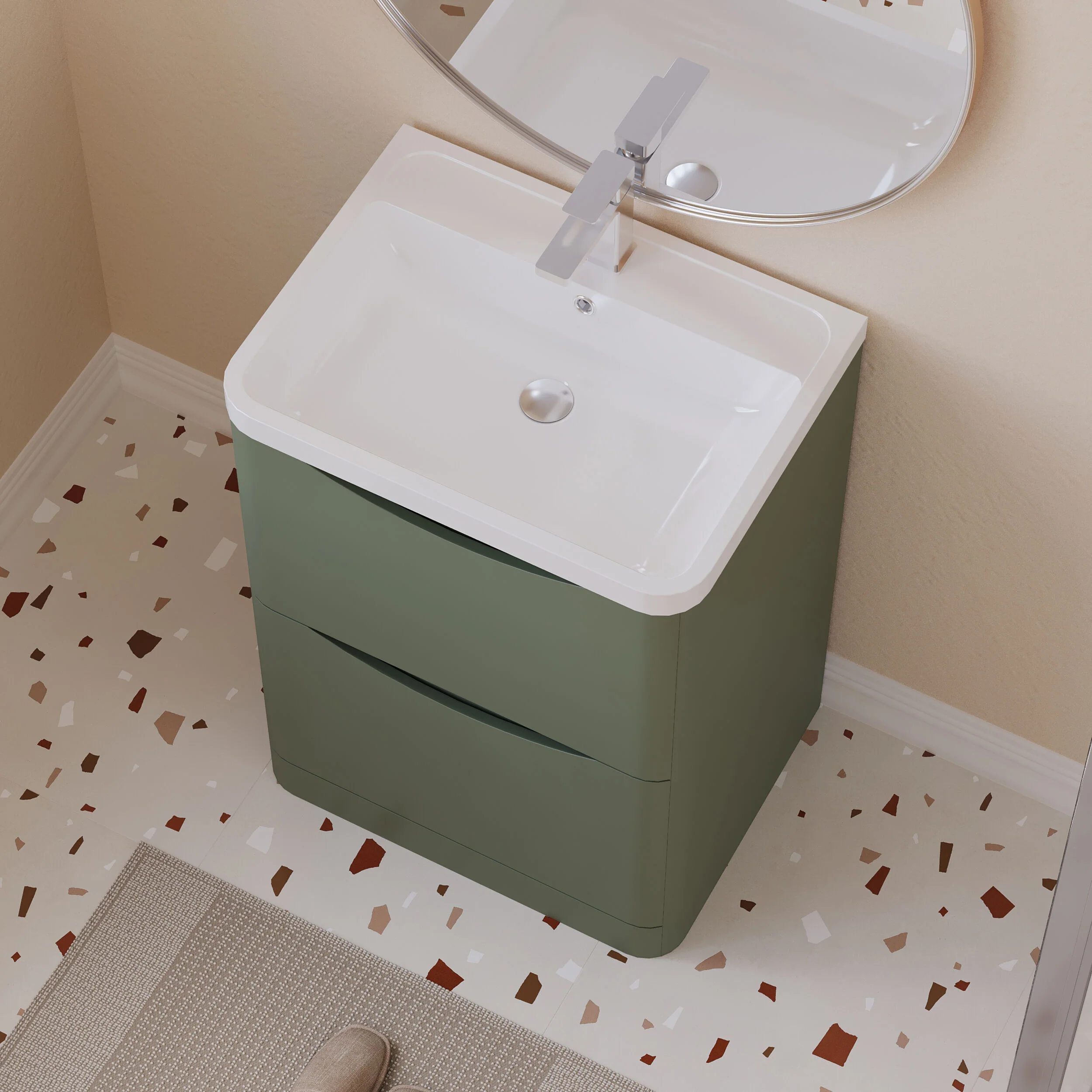 Balterley Arch Floor Standing 2 Drawer Bathroom Vanity Unit & Polymarble Basin, Satin Green, 550mm - Image 3