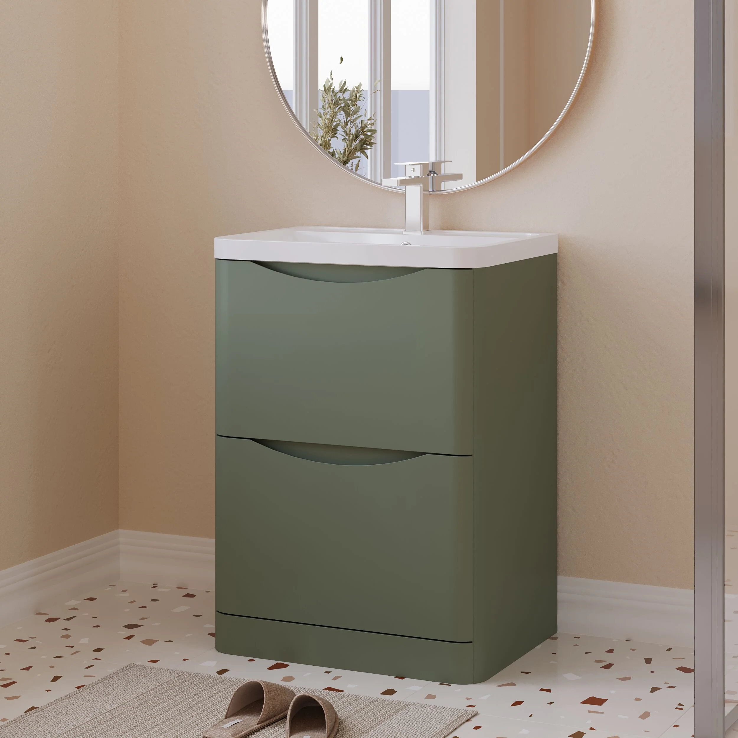 Balterley Arch Floor Standing 2 Drawer Bathroom Vanity Unit & Polymarble Basin, Satin Green, 550mm - Image 4