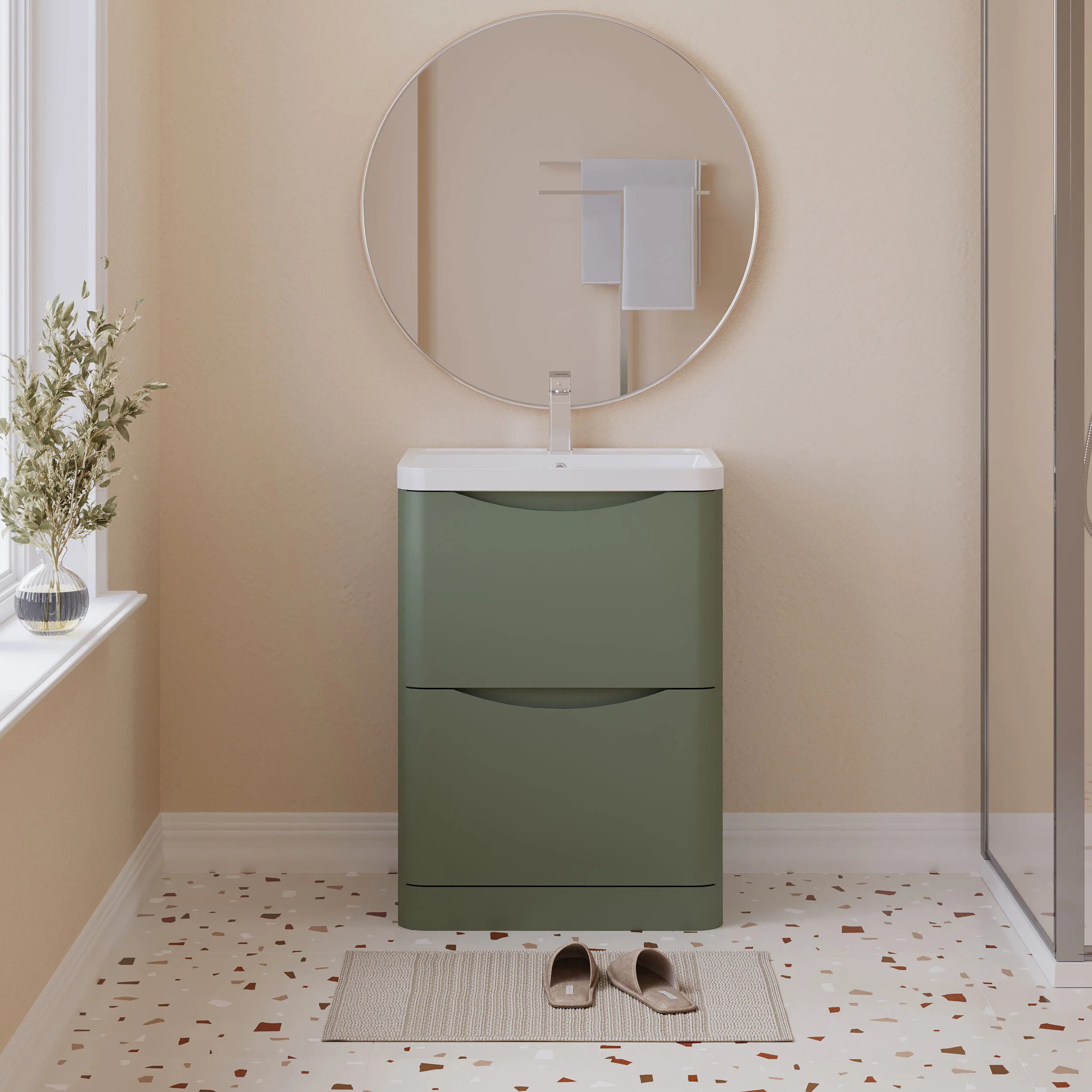 Balterley Arch Wall Hung 2 Drawer Bathroom Vanity Unit & Polymarble Basin, Satin Green, 550mm - Image 2