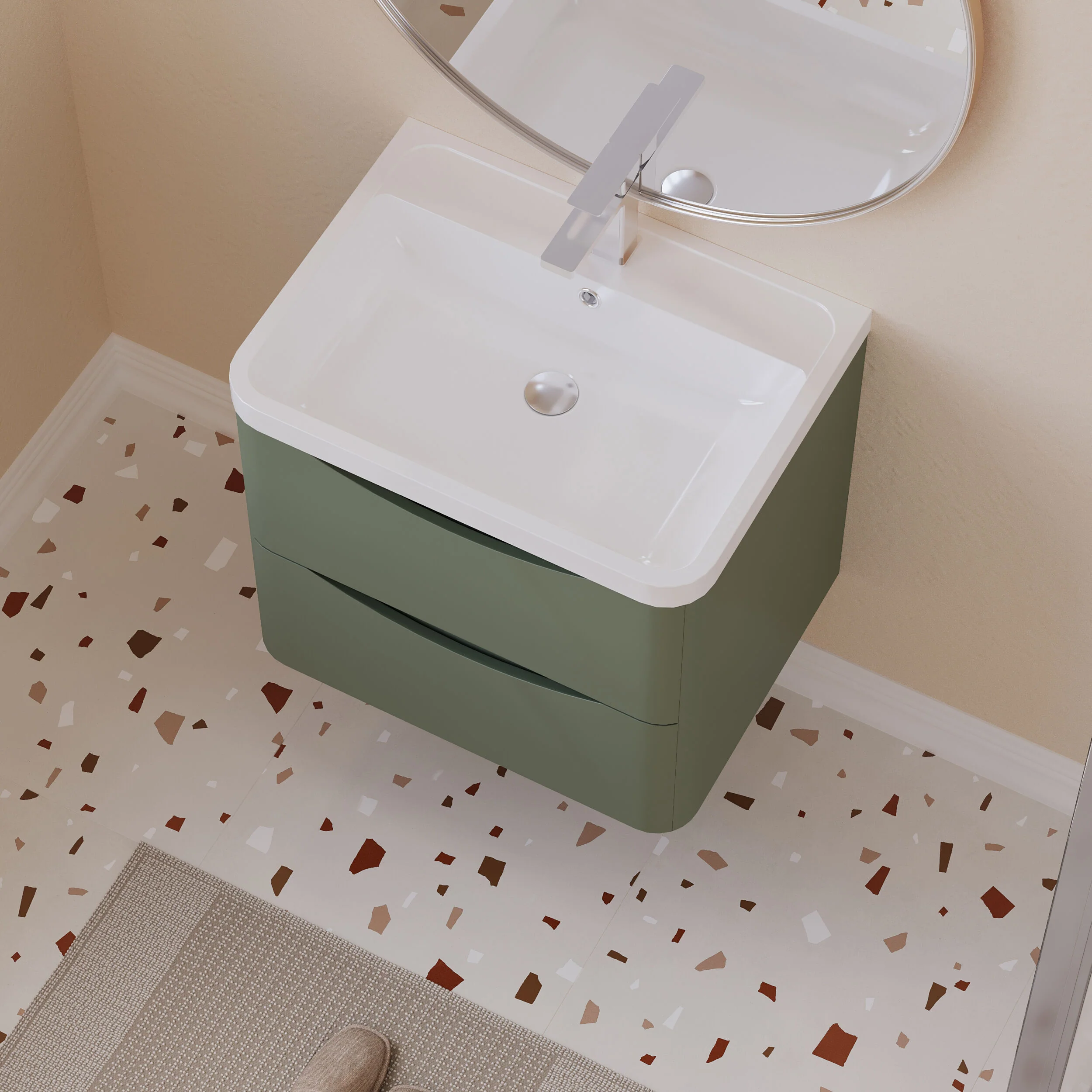 Balterley Arch Wall Hung 2 Drawer Bathroom Vanity Unit & Polymarble Basin, Satin Green, 550mm - Image 3