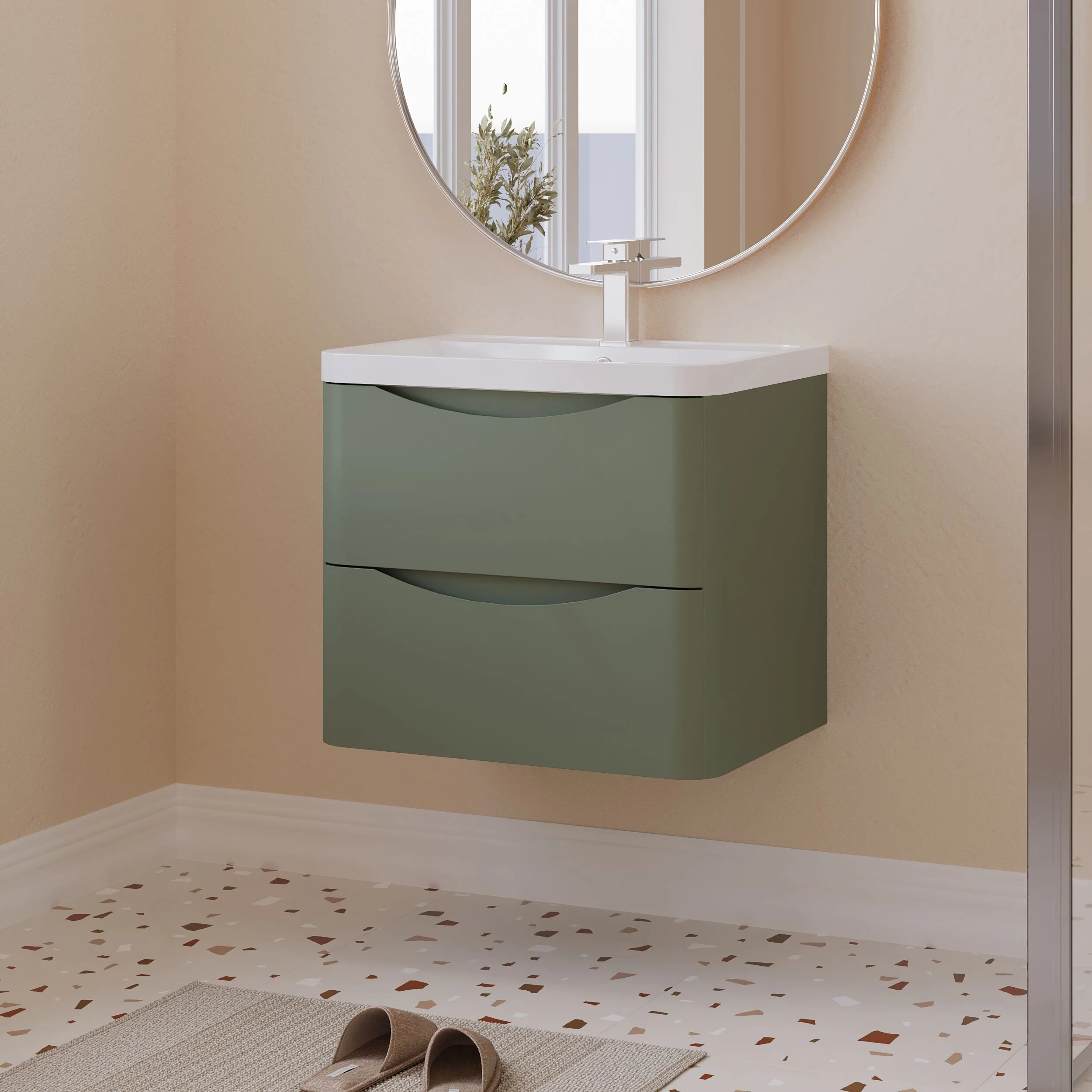 Balterley Arch Wall Hung 2 Drawer Bathroom Vanity Unit & Polymarble Basin, Satin Green, 550mm - Image 4