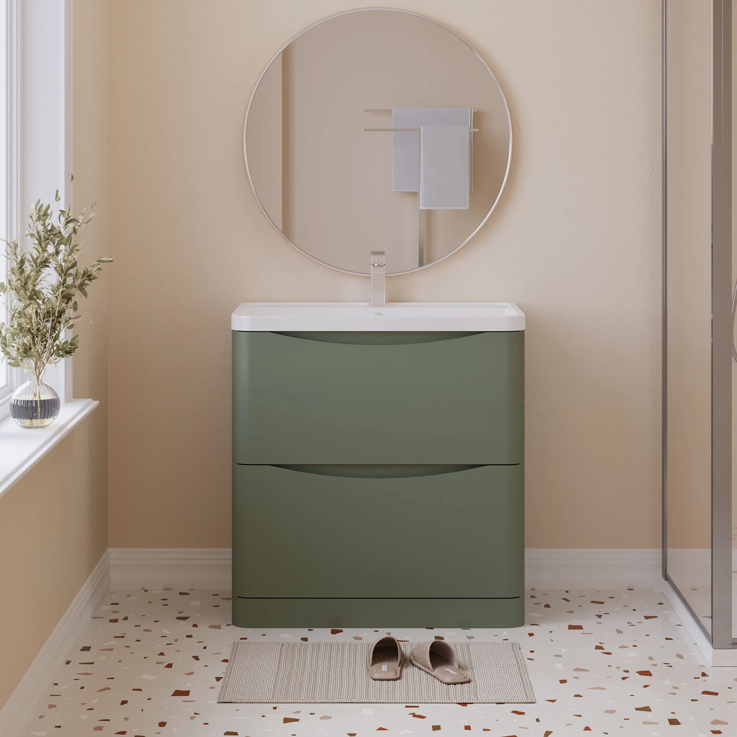 Balterley Arch Floor Standing 2 Drawer Bathroom Vanity Unit & Polymarble Basin, Satin Green, 755mm - Image 2
