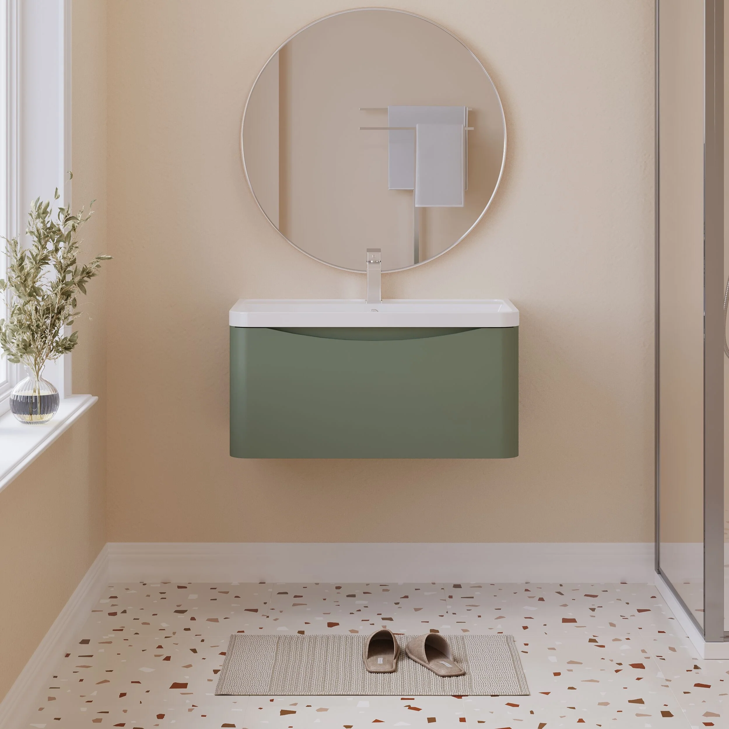 Balterley Arch Bathroom Wall Hung 1 Drawer Vanity Unit & Polymarble Basin, Satin Green, 800mm - Image 2
