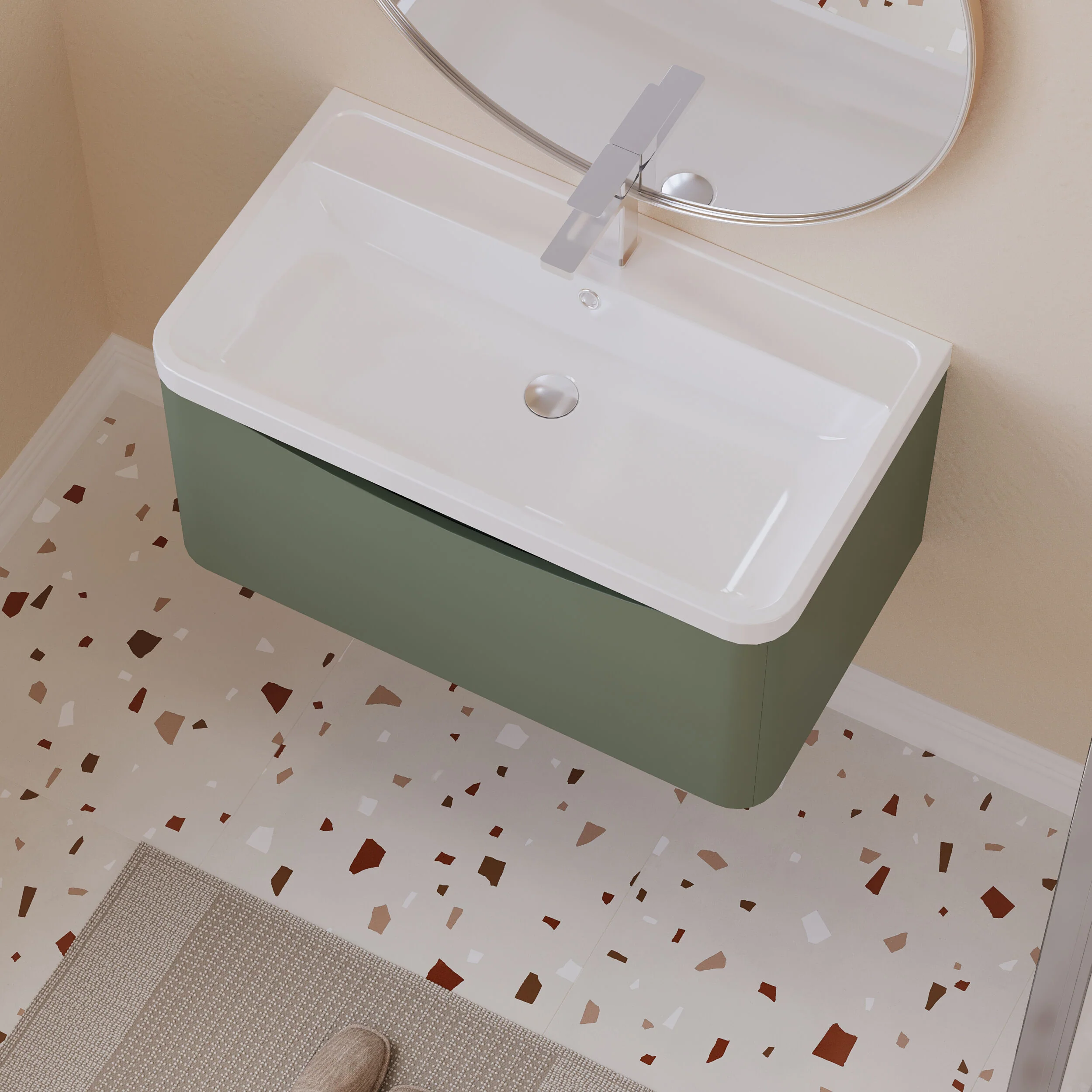 Balterley Arch Bathroom Wall Hung 1 Drawer Vanity Unit & Polymarble Basin, Satin Green, 800mm - Image 3