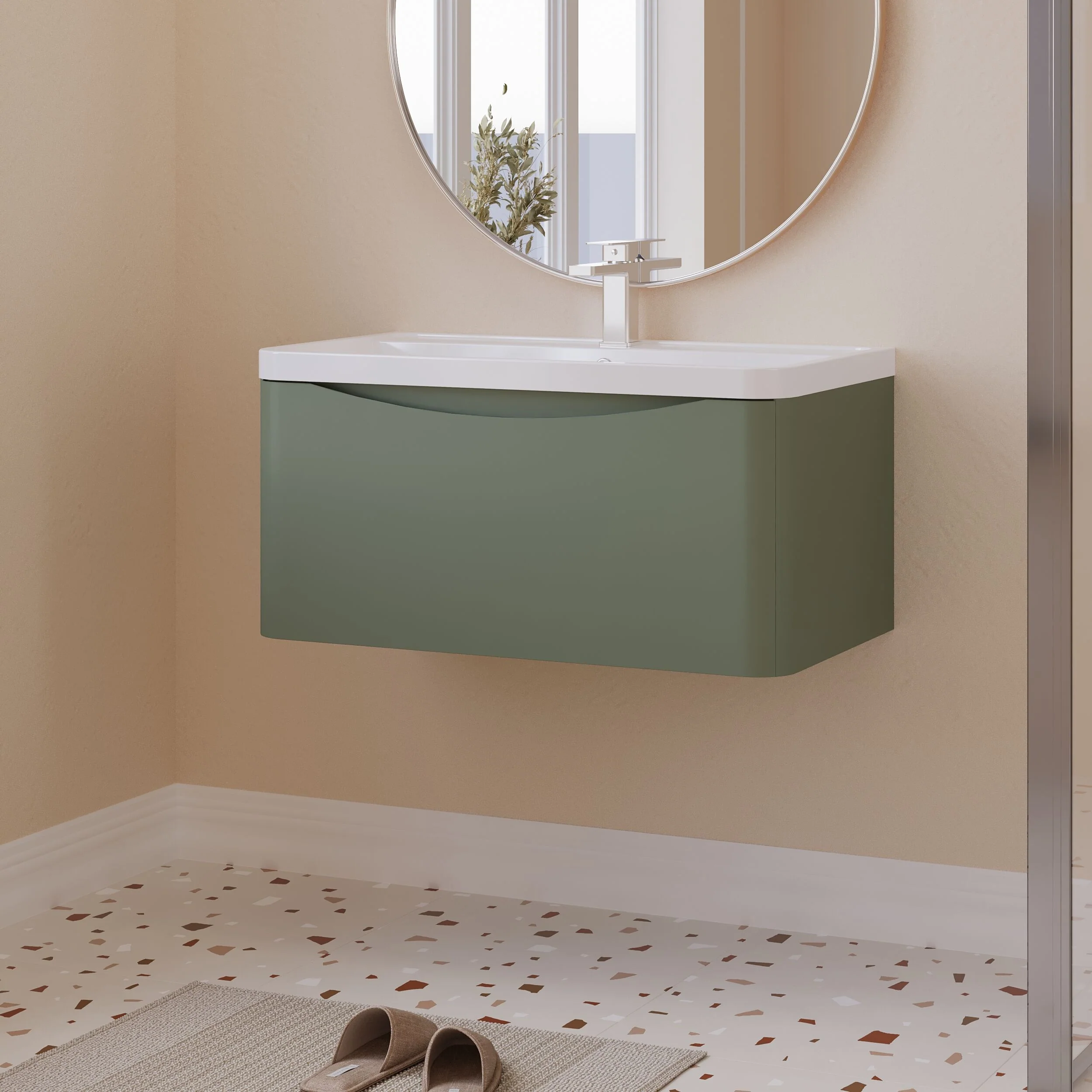 Balterley Arch Bathroom Wall Hung 1 Drawer Vanity Unit & Polymarble Basin, Satin Green, 800mm - Image 4