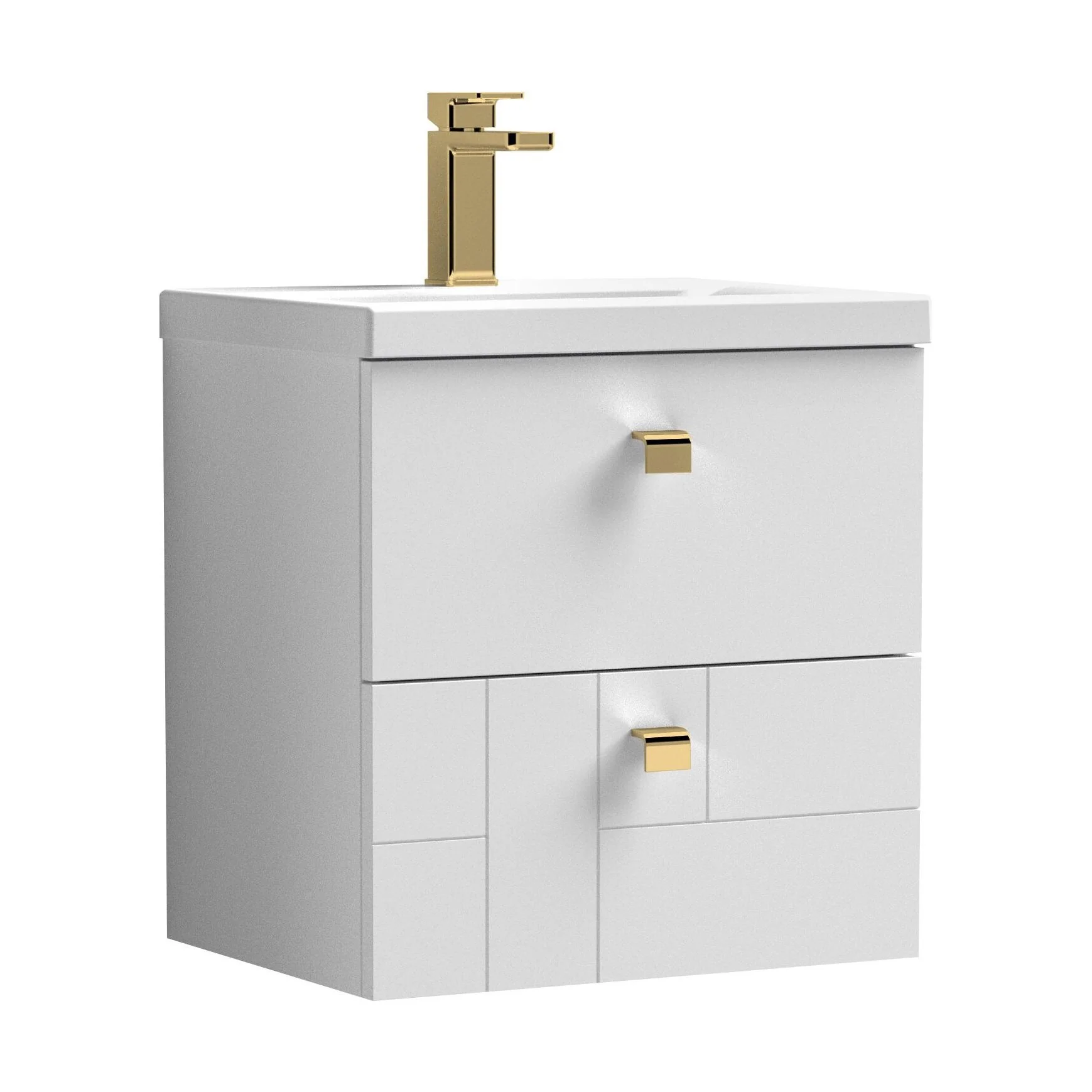 Cube Wall Hung 2 Drawer Geometric Vanity Basin Unit & Ceramic Mid-Edge Basin - 500mm - Satin White with Brushed Brass Drop Handles