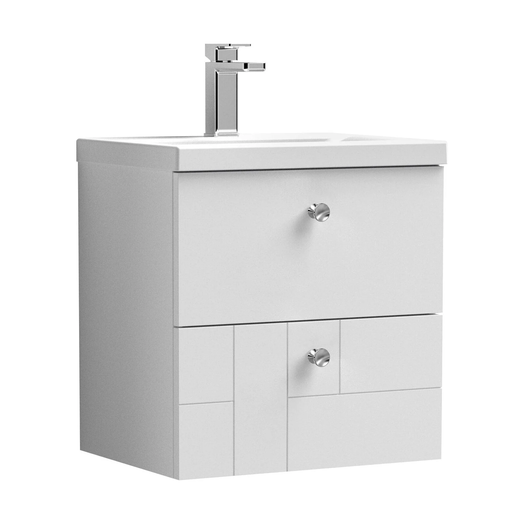 Cube Wall Hung 2 Drawer Geometric Vanity Basin Unit & Ceramic Mid-Edge Basin - 500mm - Satin White with Chrome Round Handles