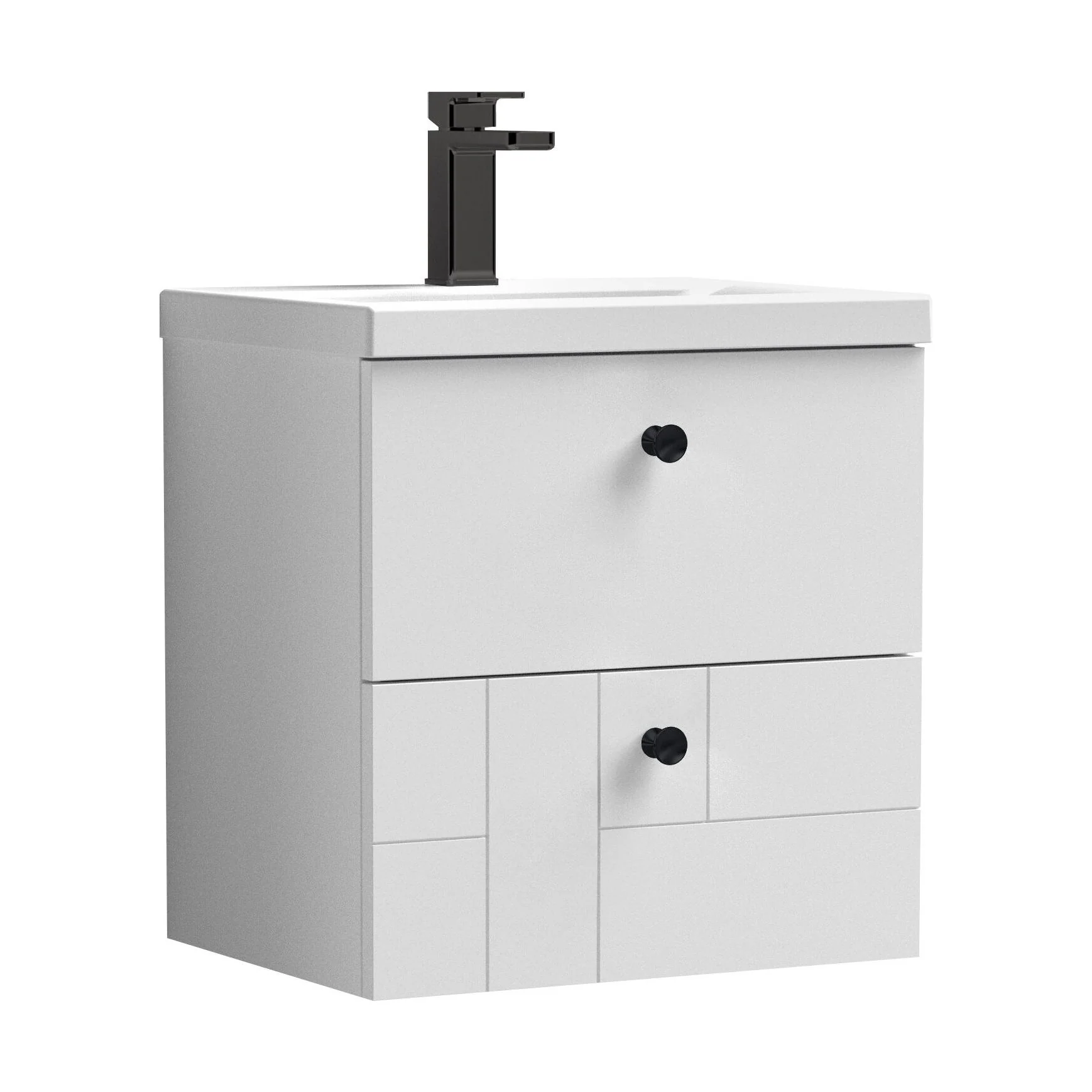 Cube Wall Hung 2 Drawer Geometric Vanity Basin Unit & Ceramic Mid-Edge Basin - 500mm - Satin White with Black Round Handles