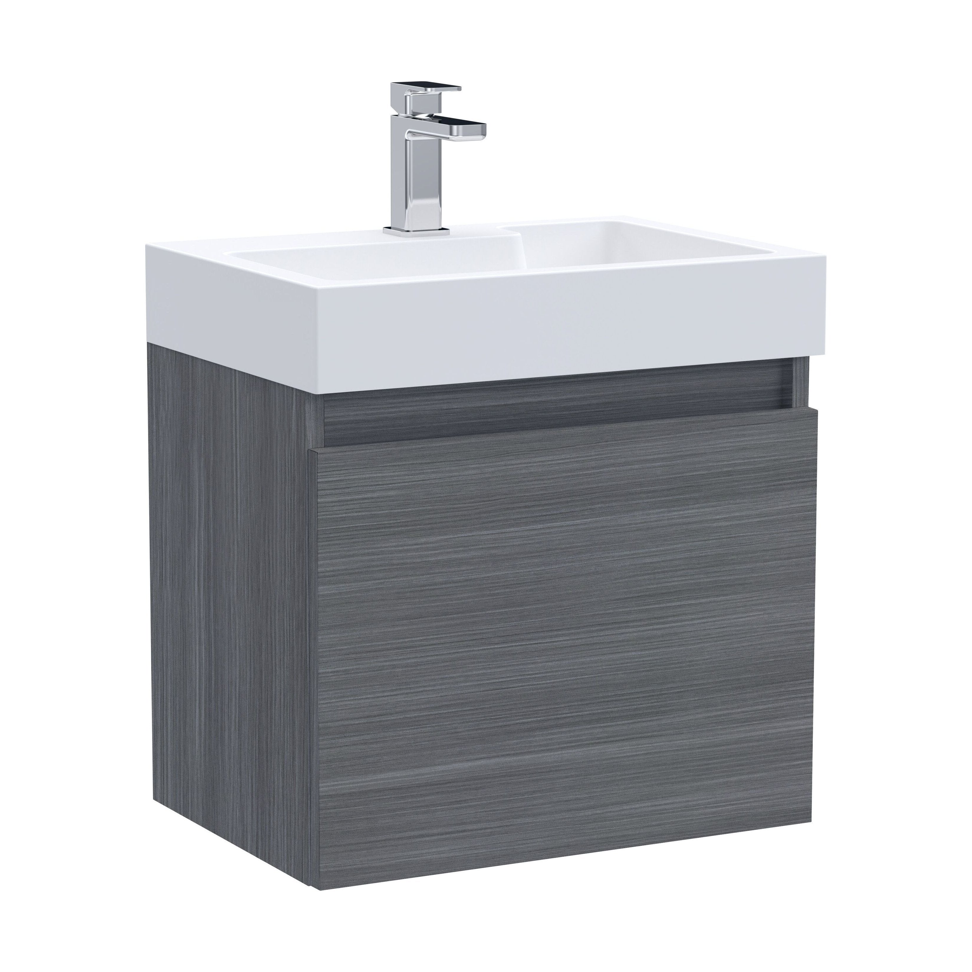 Wall Hung Vanity Basin Unit & Polymarble Basin - 500mm - Woodgrain Anthracite