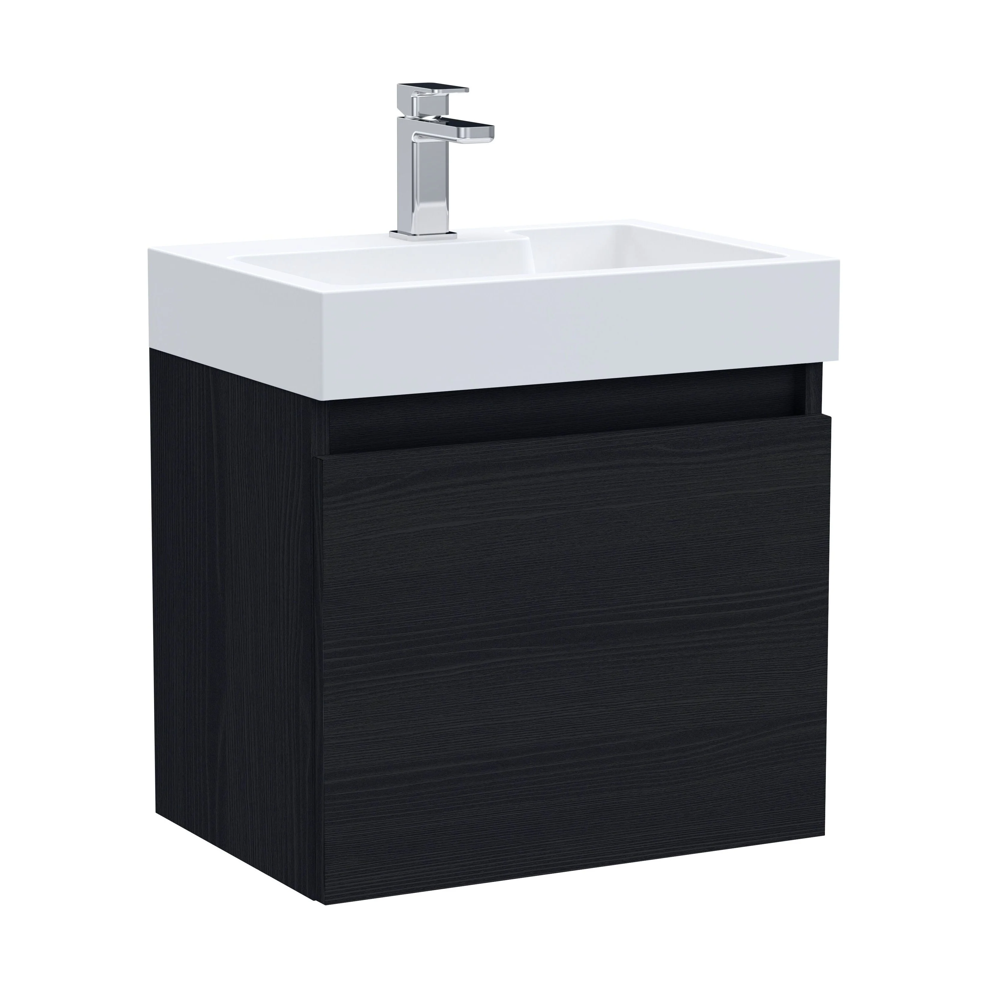 Wall Hung Vanity Basin Unit & Polymarble Basin - 500mm - Woodgrain Charcoal Black
