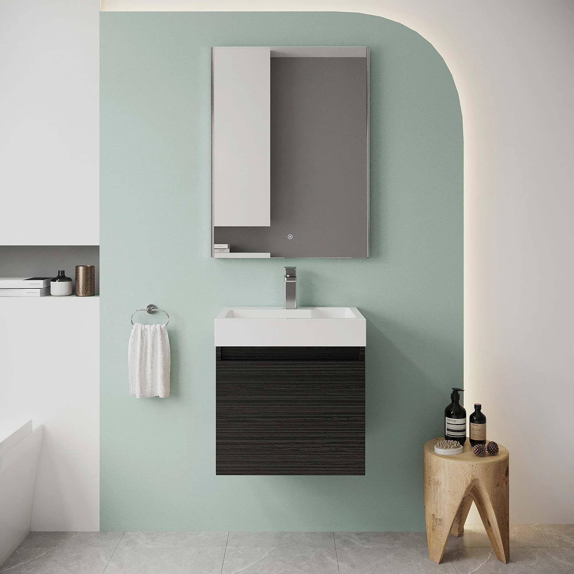 Wall Hung Vanity Basin Unit & Polymarble Basin - 500mm - Woodgrain Charcoal Black - Image 2