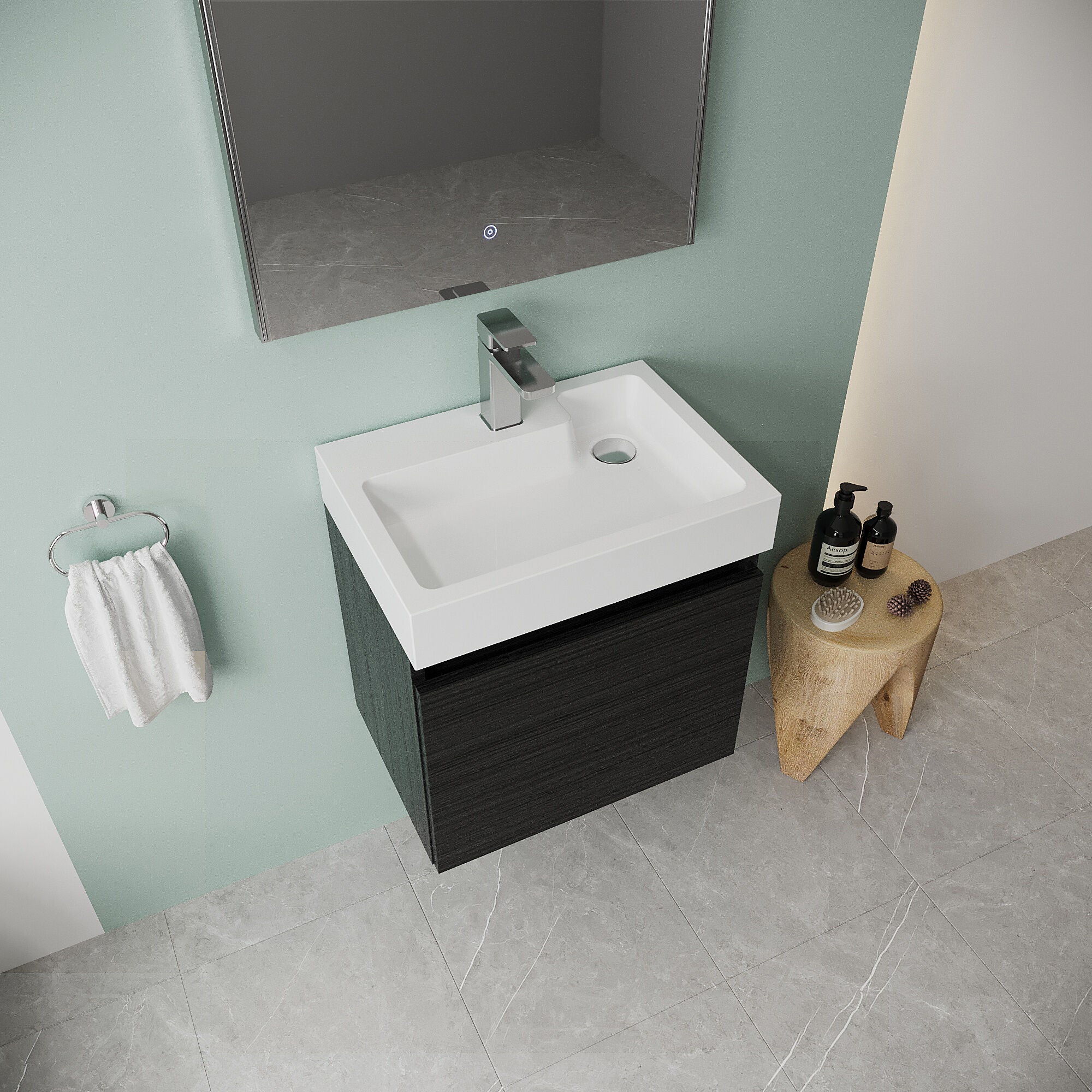Wall Hung Vanity Basin Unit & Polymarble Basin - 500mm - Woodgrain Charcoal Black - Image 3