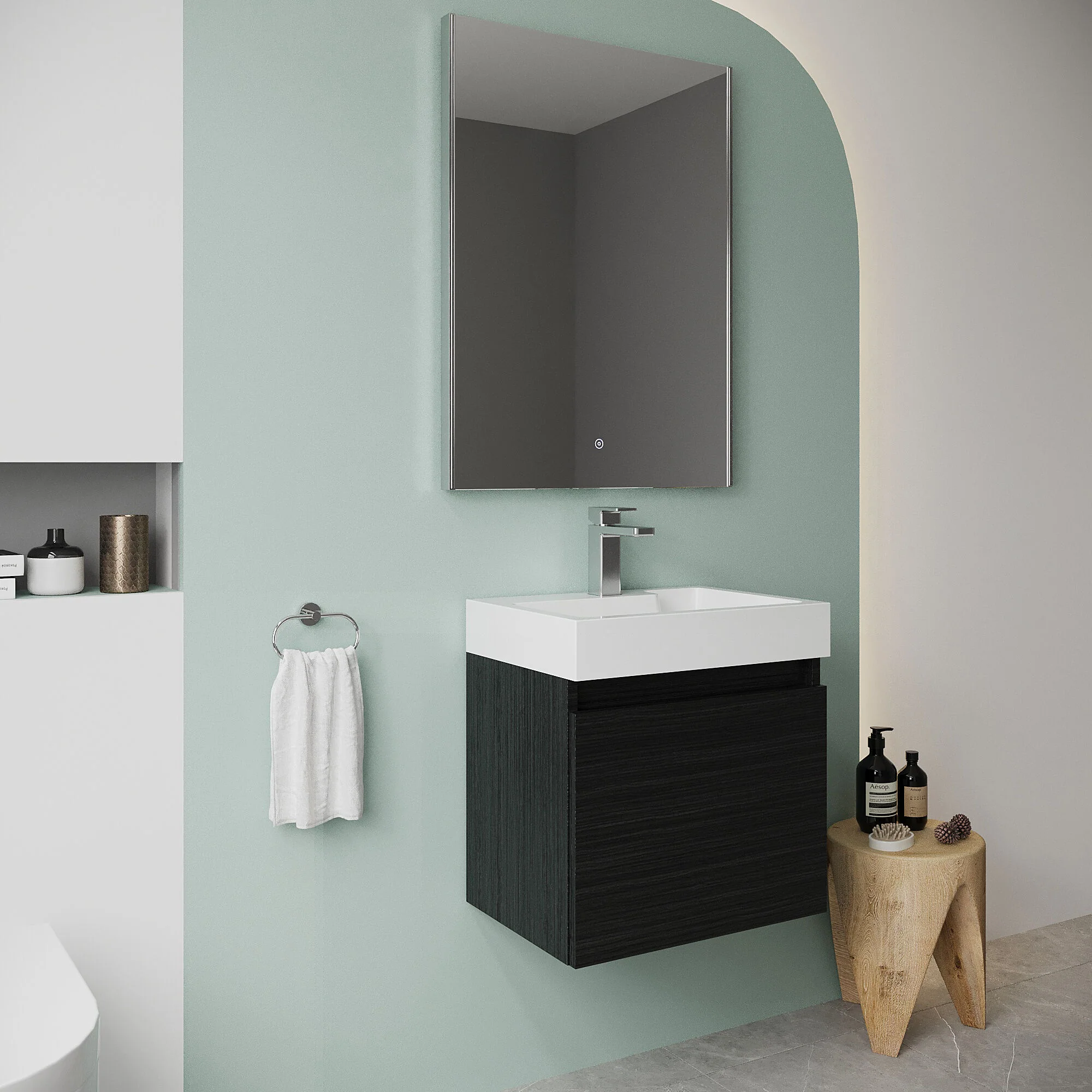 Wall Hung Vanity Basin Unit & Polymarble Basin - 500mm - Woodgrain Charcoal Black - Image 4