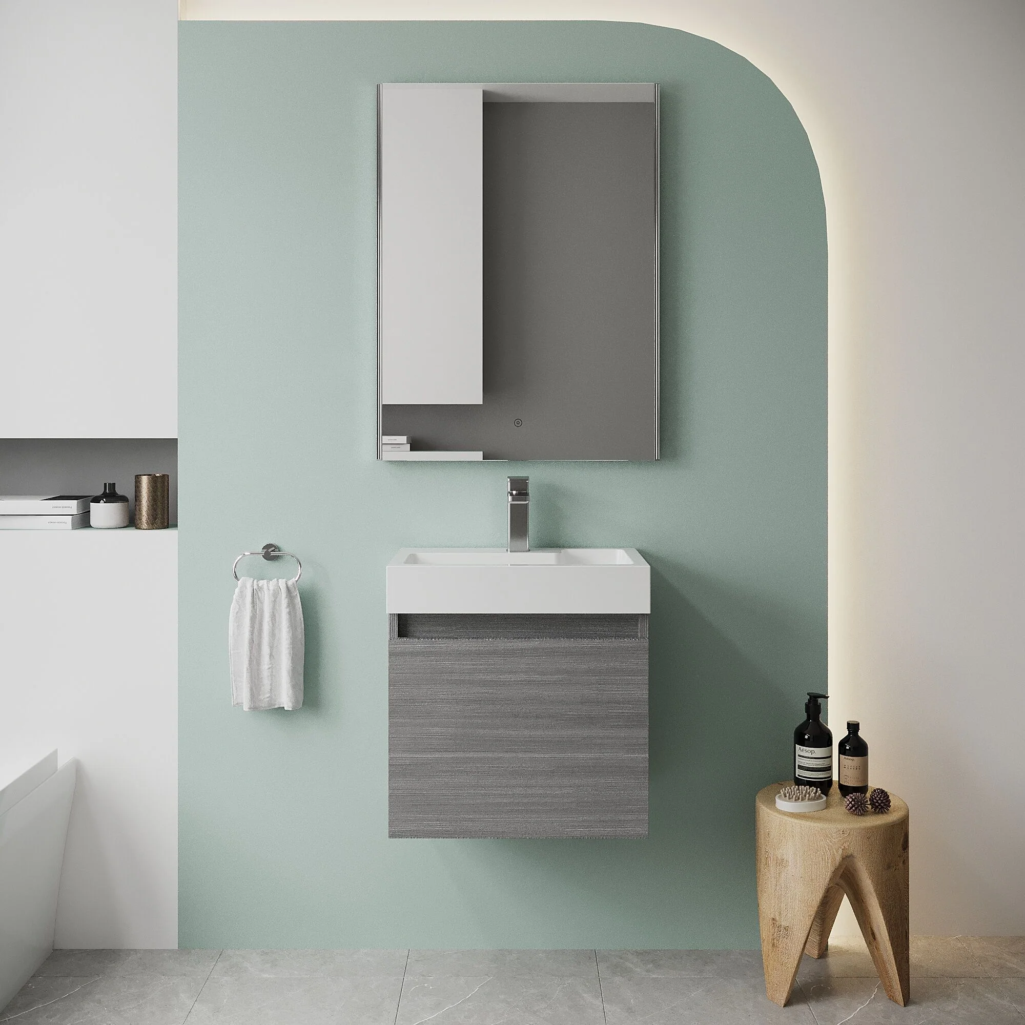 Wall Hung Vanity Basin Unit & Slimline Polymarble Basin - 500mm - Woodgrain Anthracite - Image 2