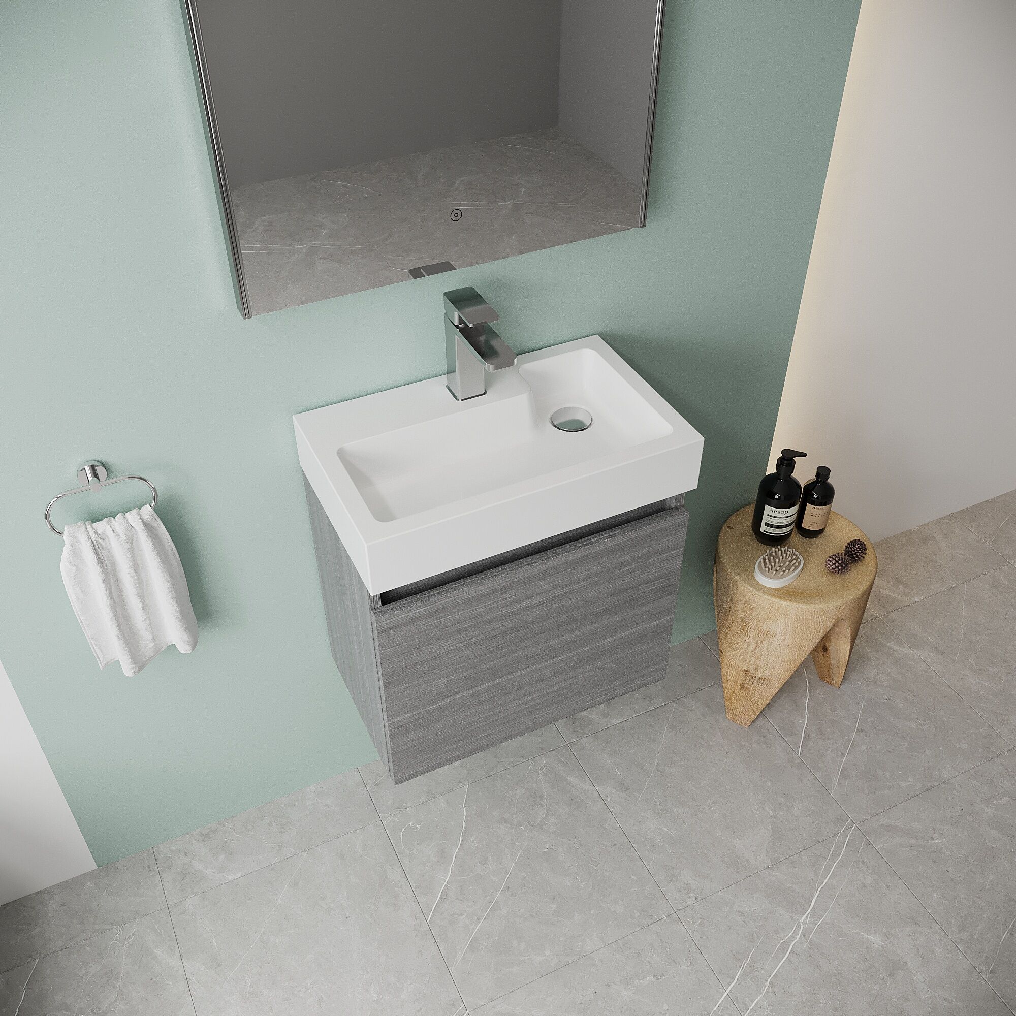 Wall Hung Vanity Basin Unit & Slimline Polymarble Basin - 500mm - Woodgrain Anthracite - Image 3