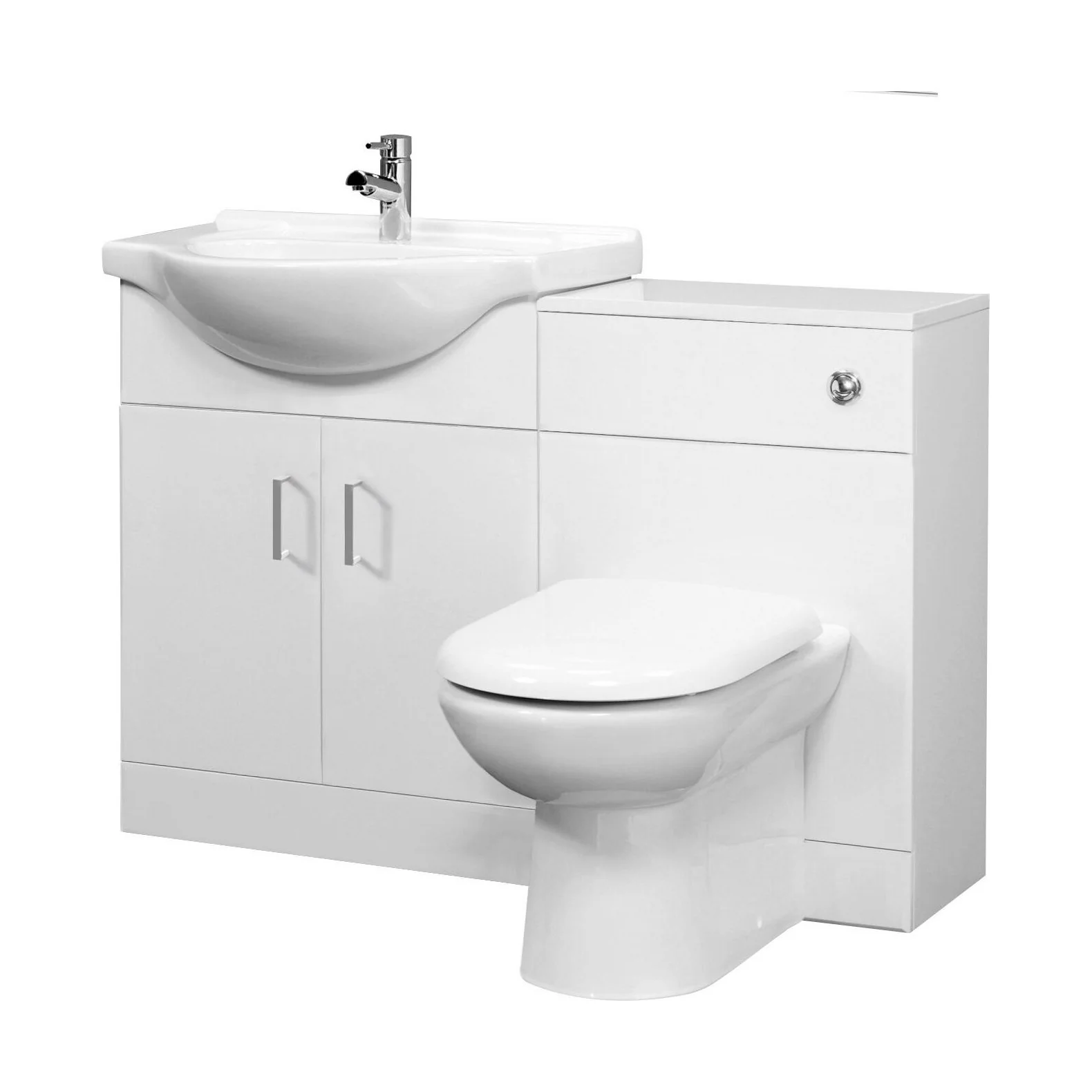 Cloakroom Furniture Pack - Cabinet, Round Basin, WC Unit, Concealed Cistern, Back to Wall Pan and Soft Close Seat - Gloss White