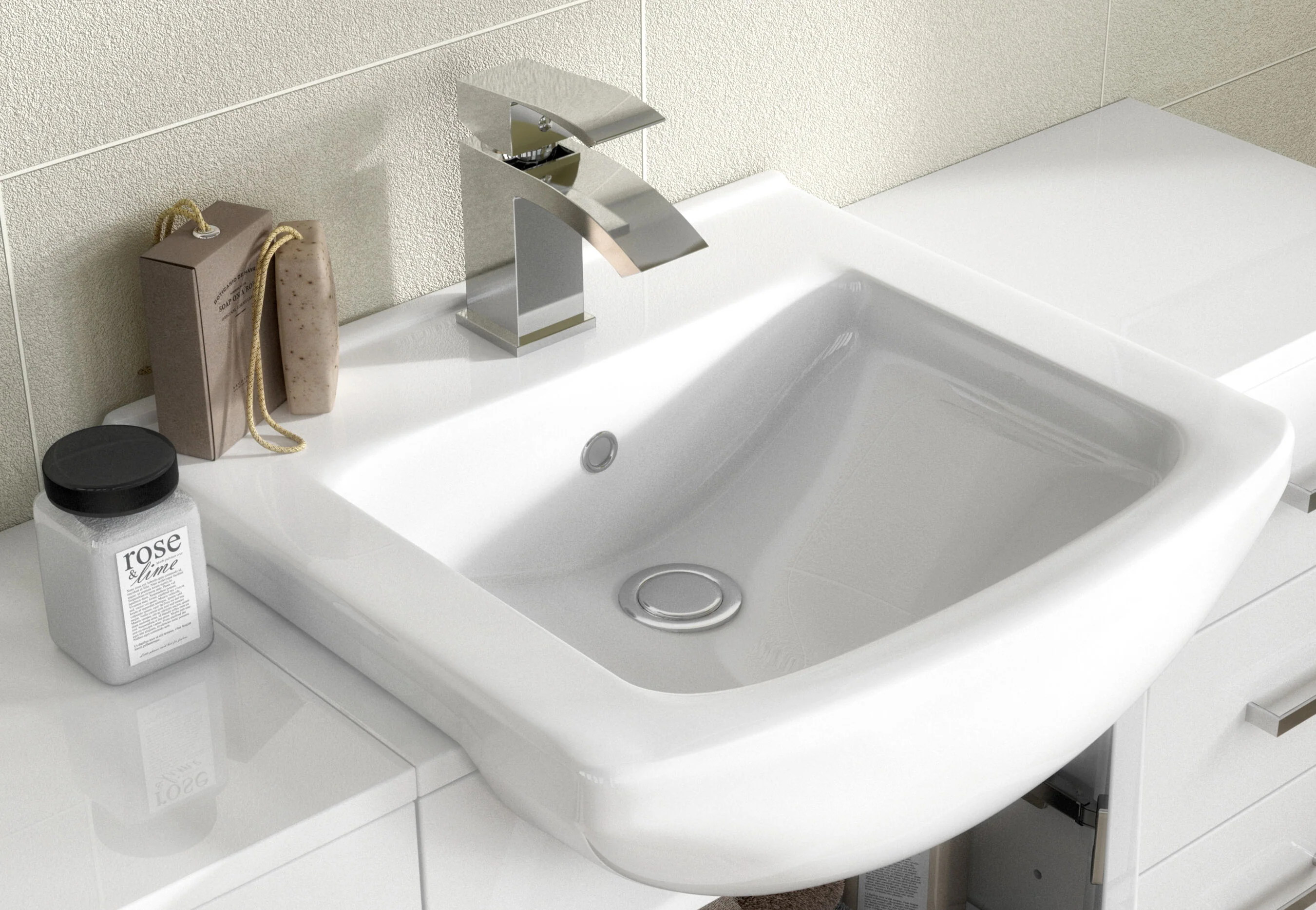 Cloakroom Furniture Pack - Cabinet, Square Basin, WC Unit, Concealed Cistern, Back to Wall Pan and Soft Close Seat - Gloss White - Image 2
