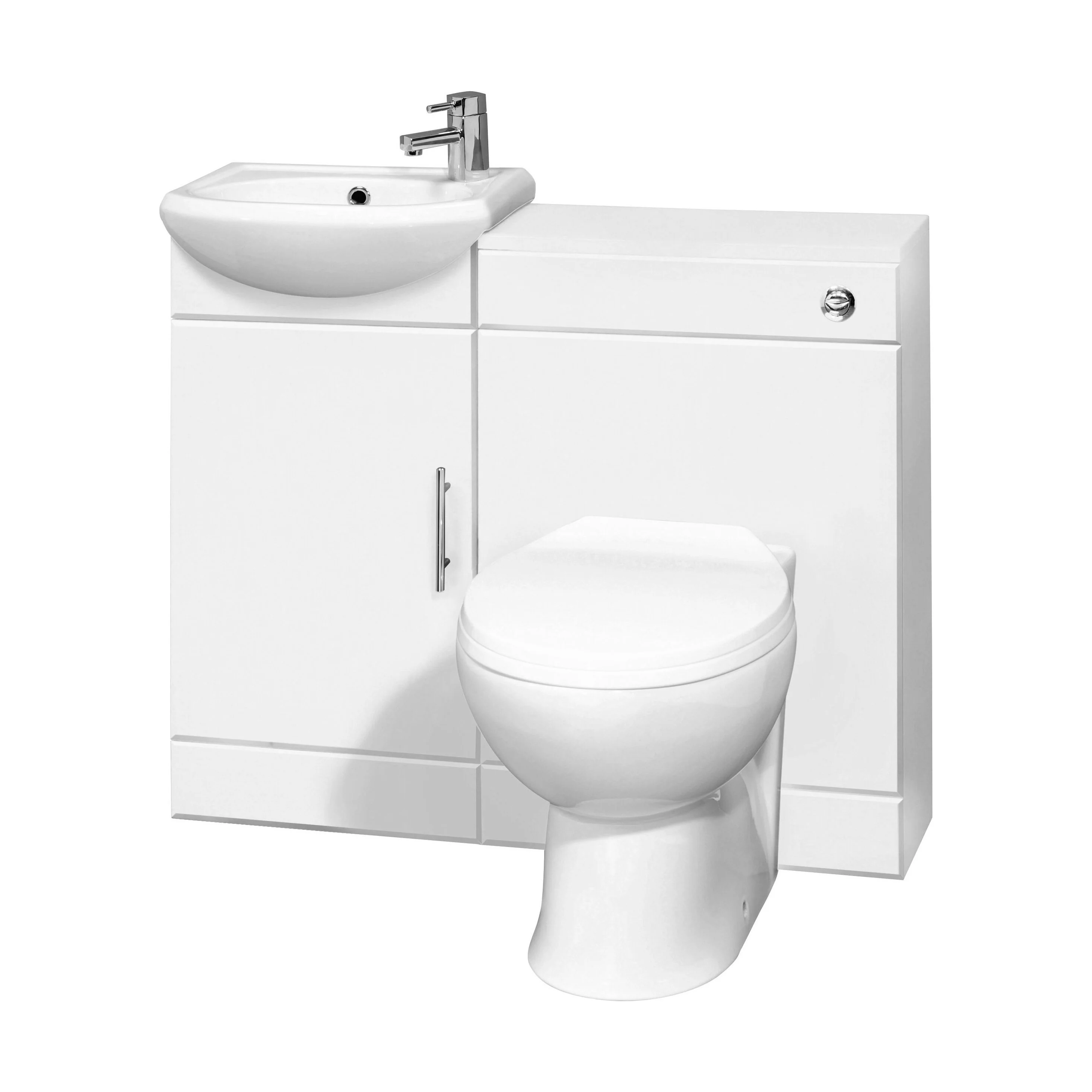 Cloakroom Furniture Pack - Includes Cabinet, Basin, WC Unit, Cistern, Back to Wall Toilet Pan and Soft Close Seat - Gloss White