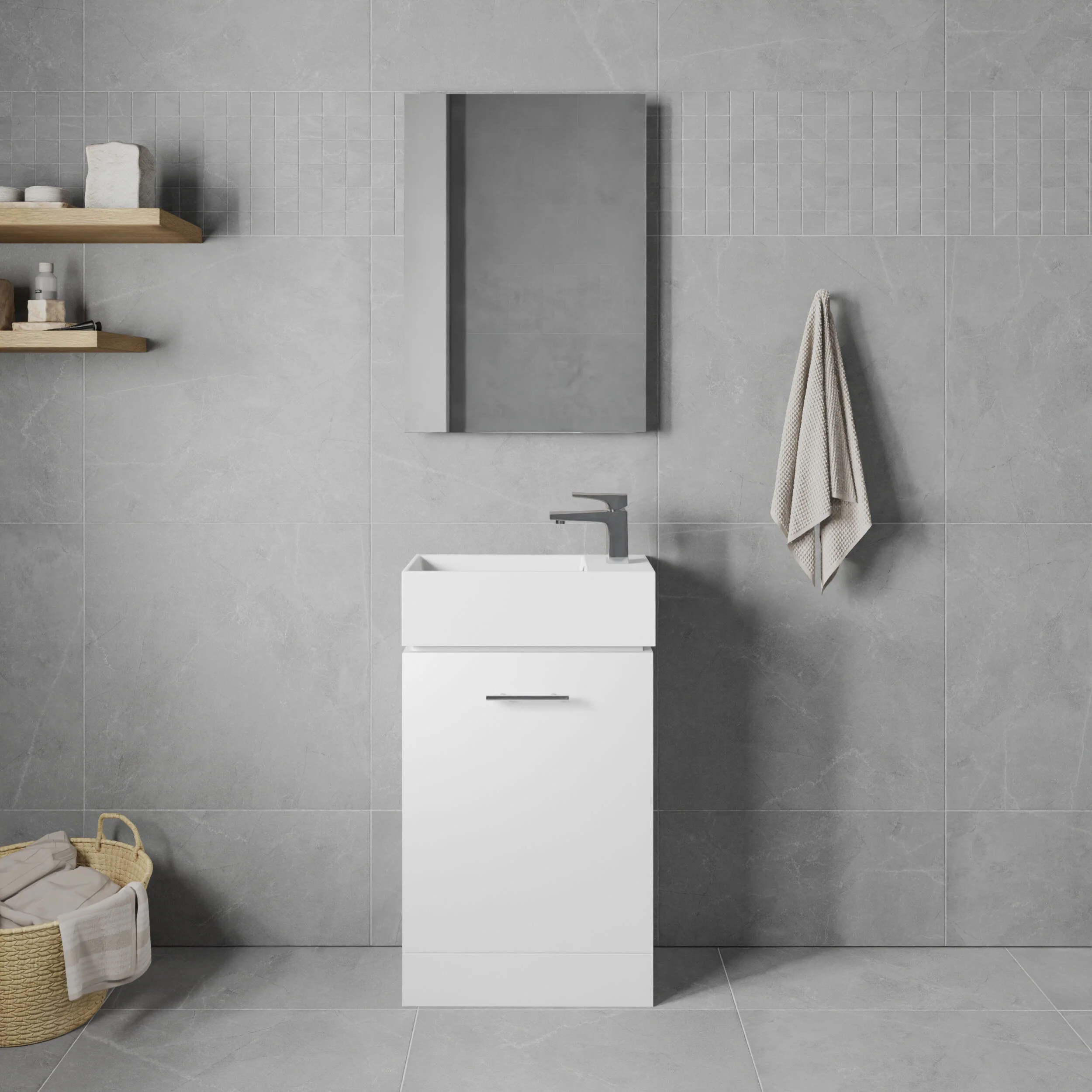 One Door Cloakroom Vanity Basin Unit - 480mm - Gloss White - Image 2