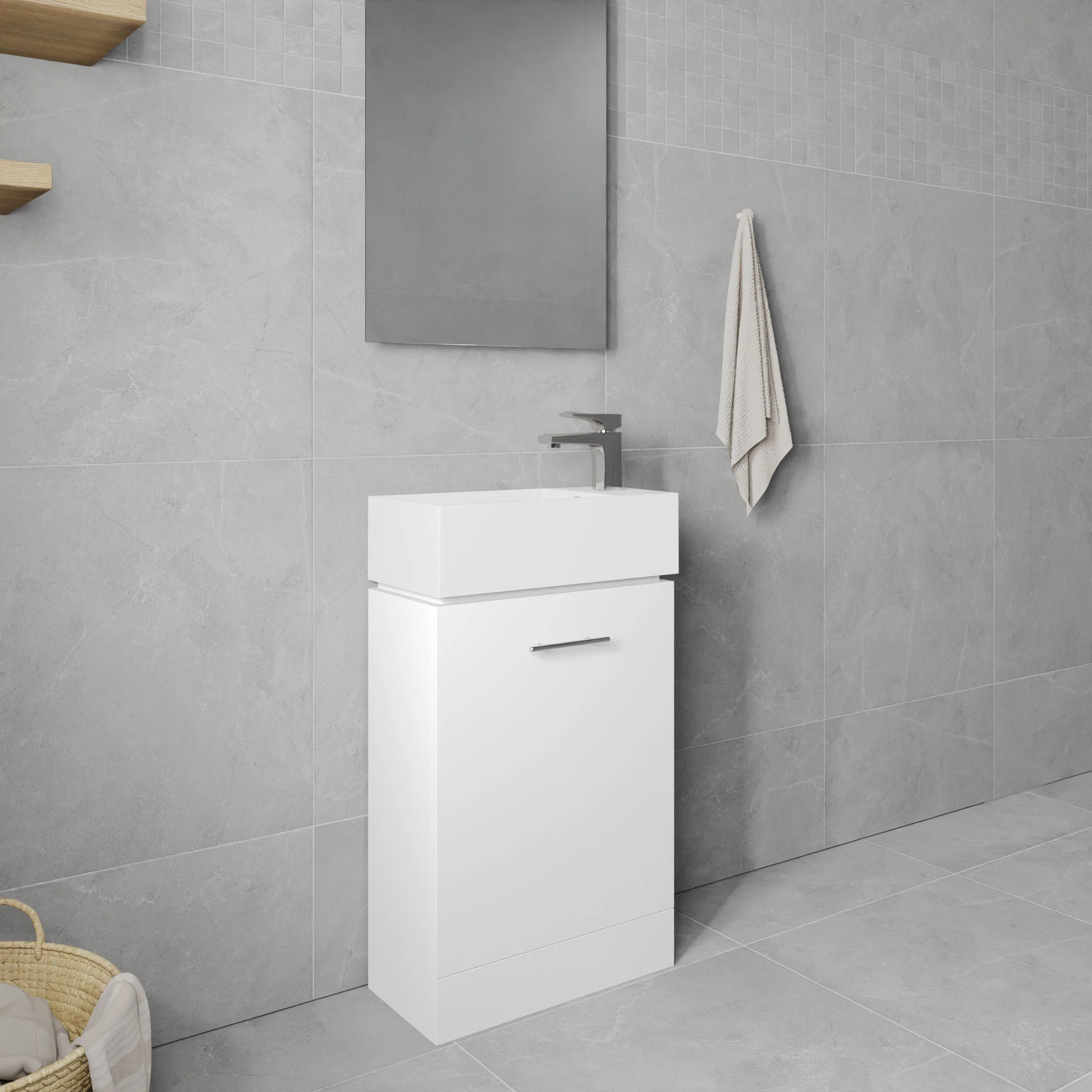 One Door Cloakroom Vanity Basin Unit - 480mm - Gloss White - Image 4