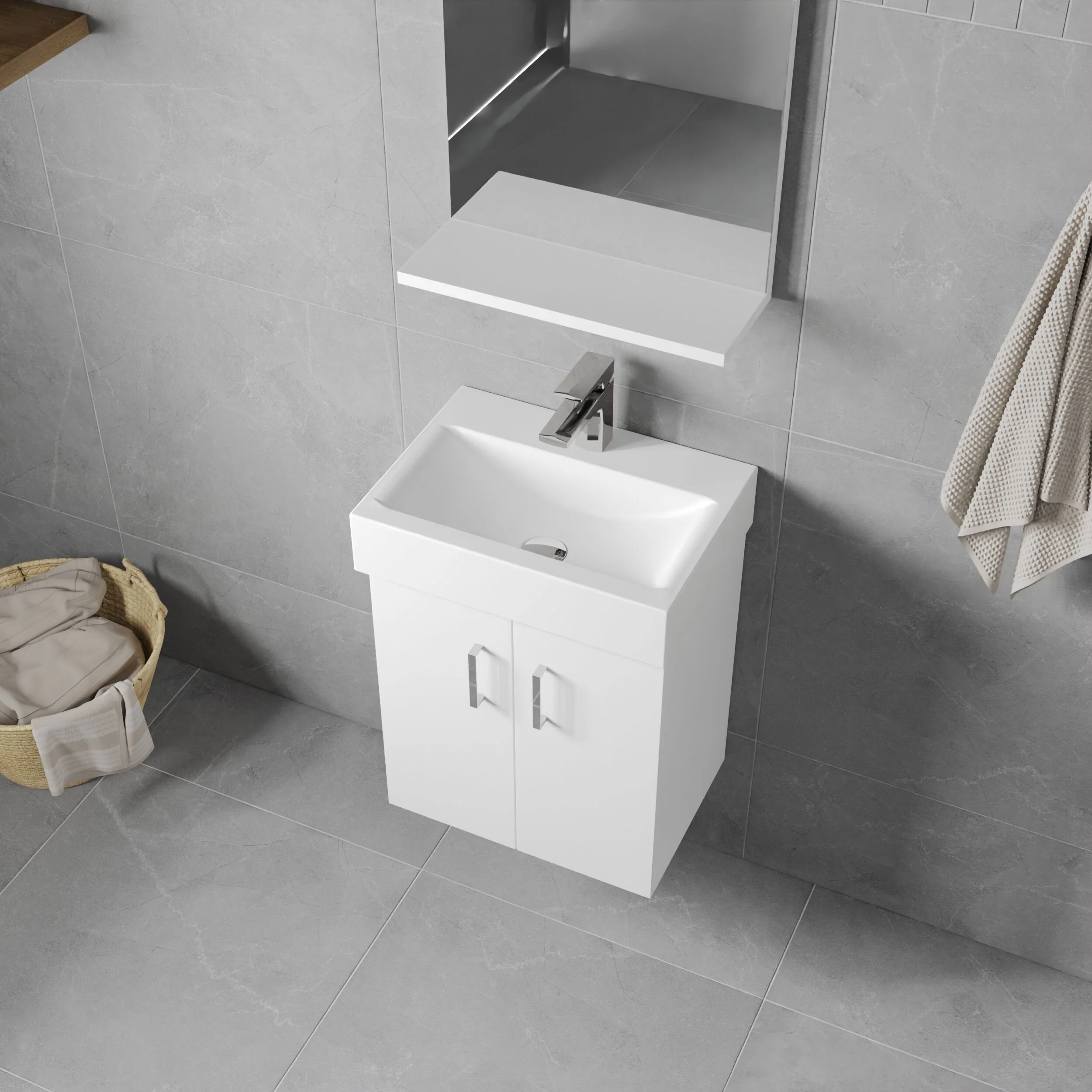 Wall Hung 2 Door Cloakroom Vanity Basin Unit - 450mm - Gloss White - Image 3