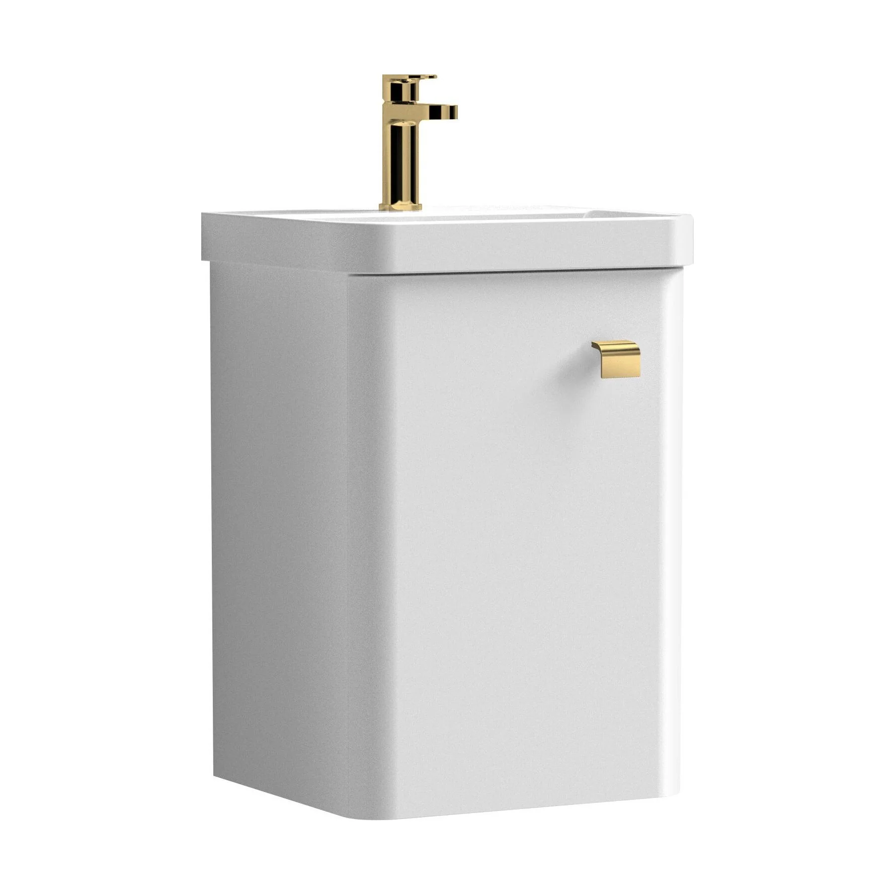 Balterley Curve Modern Bathroom Wall Hung 1 Soft Close Door Vanity Unit & Ceramic Basin, Gloss White/Brushed Brass, 379mm