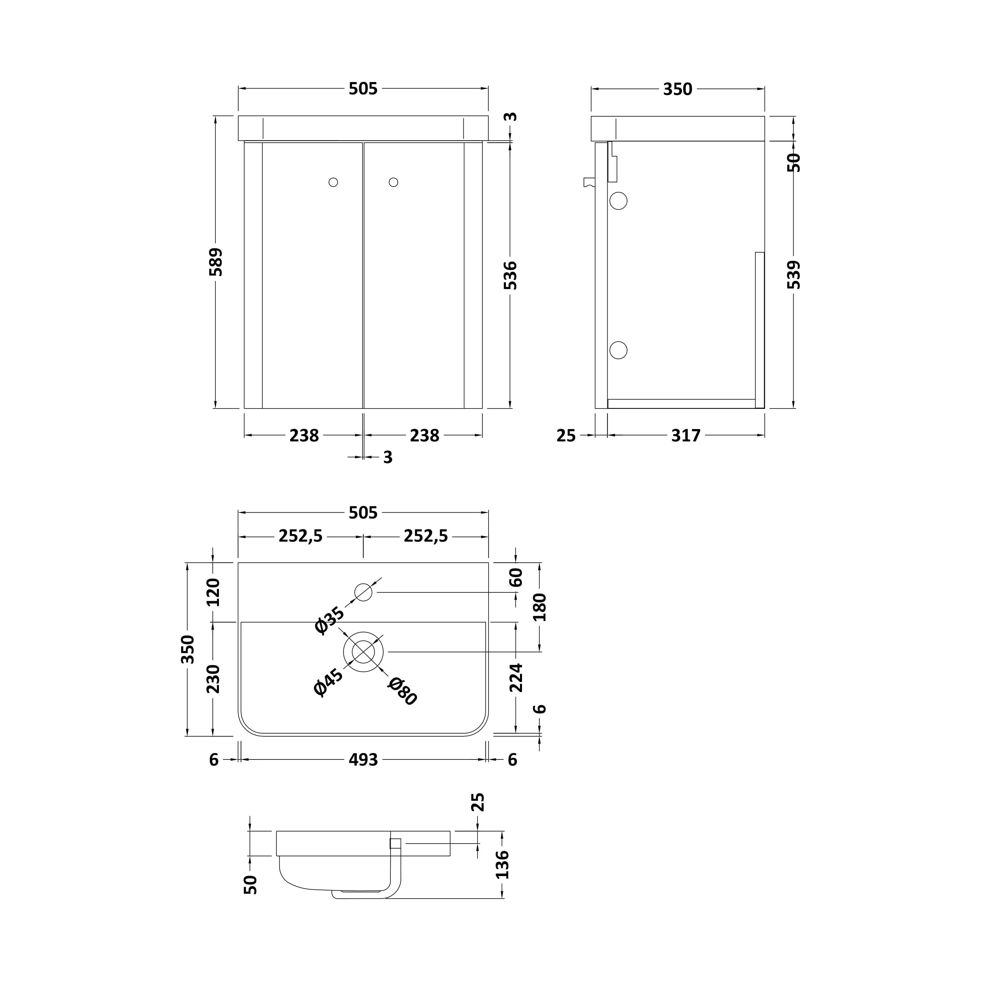 Balterley Curve Modern Bathroom Wall Hung 2 Door Vanity Unit Basin, Gloss White, 500mm - Image 2