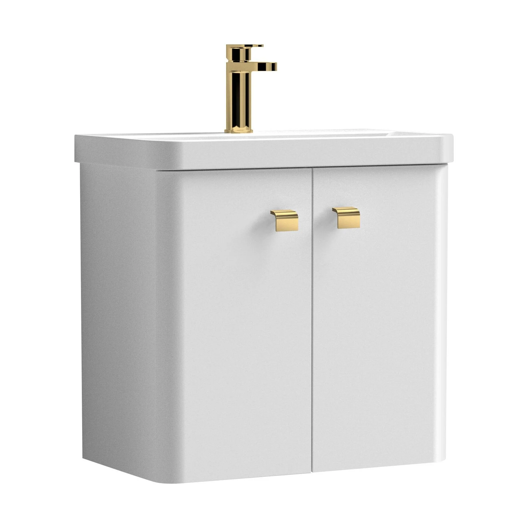Balterley Curve Modern Bathroom Wall Hung 2 Door Vanity Unit Basin, Gloss White/Brushed Brass, 579mm