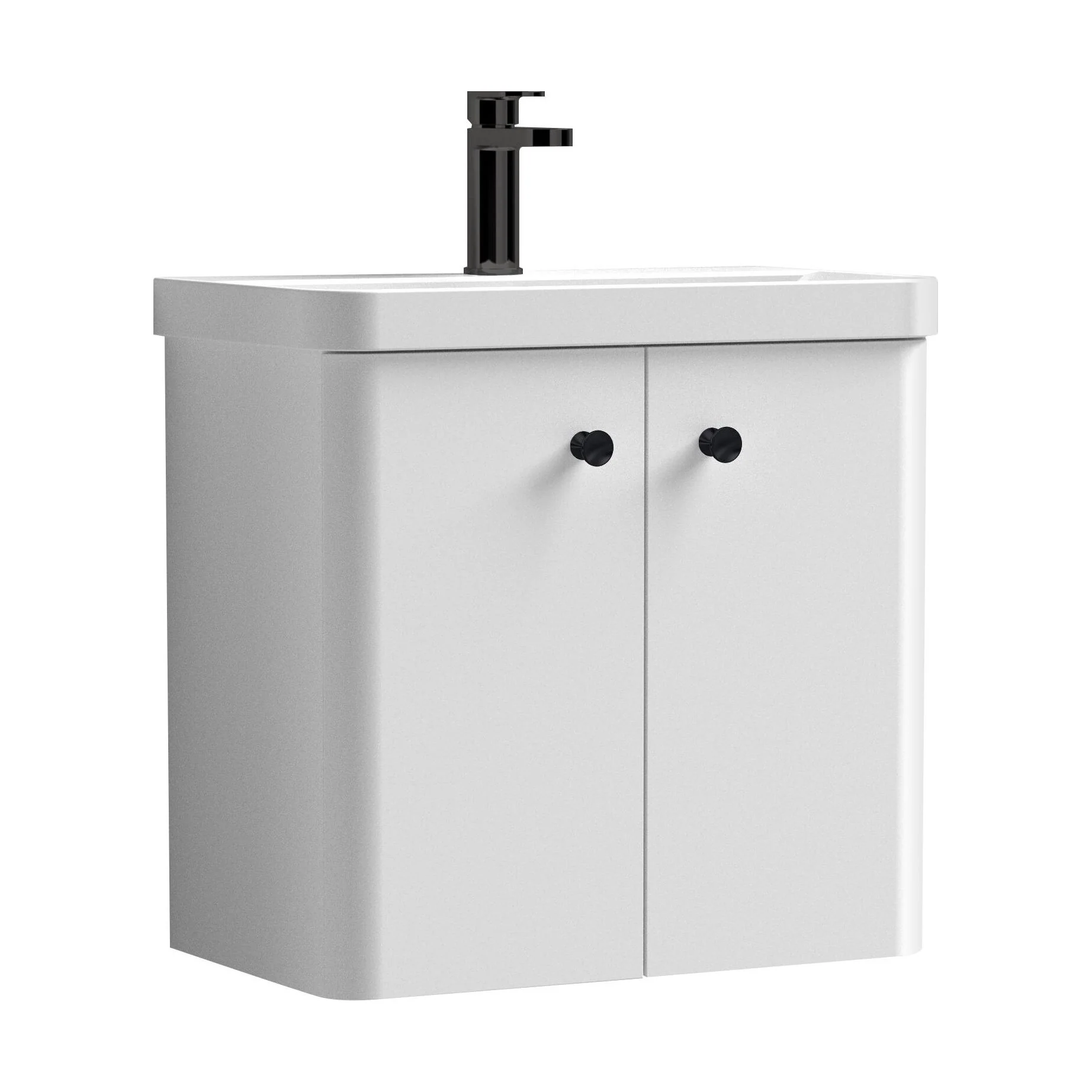 Balterley Curve Modern Bathroom Wall Hung 2 Door Vanity Unit Basin, Gloss White/Matt Black, 579mm