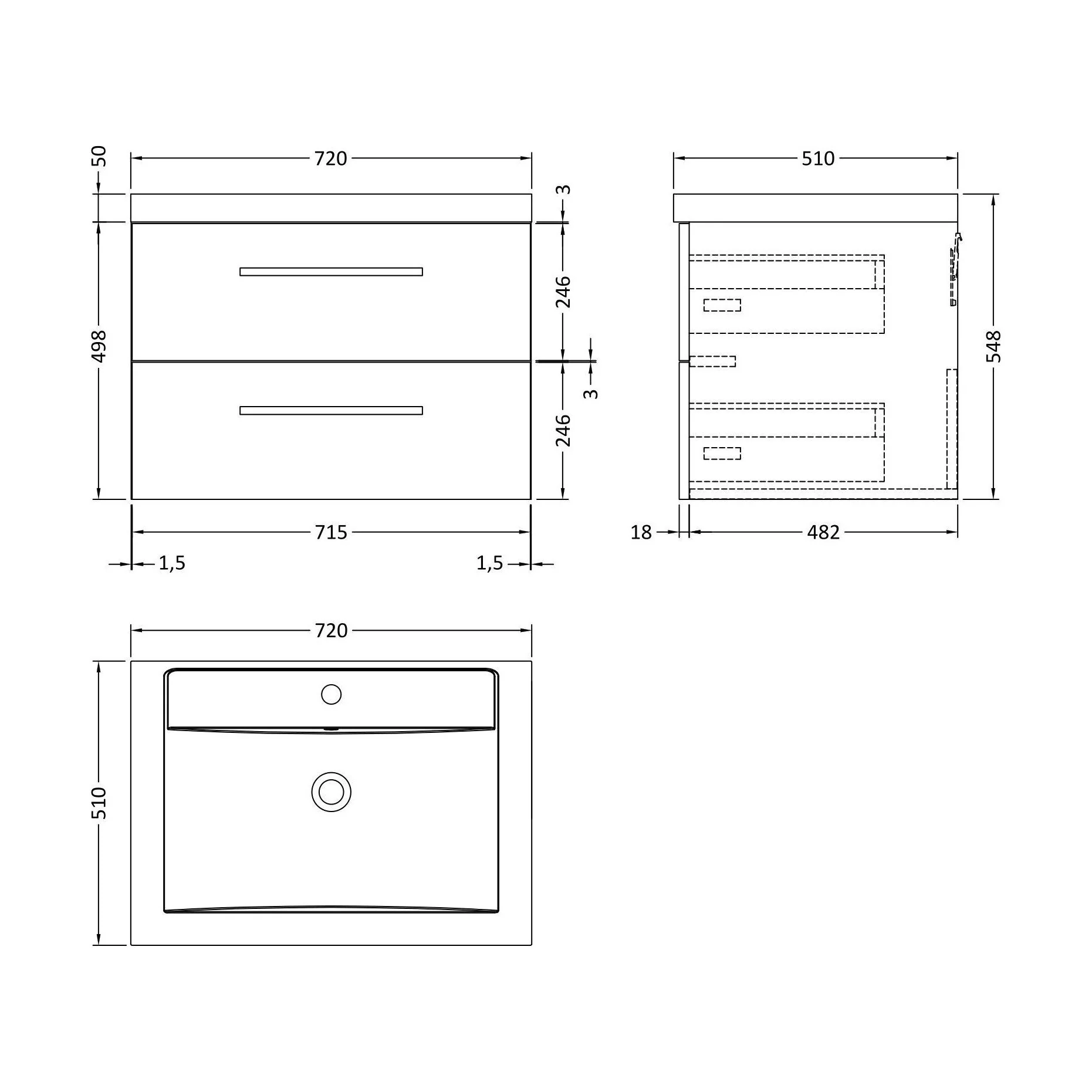 Wall Hung 2 Drawer Vanity Unit with Polymarble Basin, 720mm - Gloss Grey - Image 2