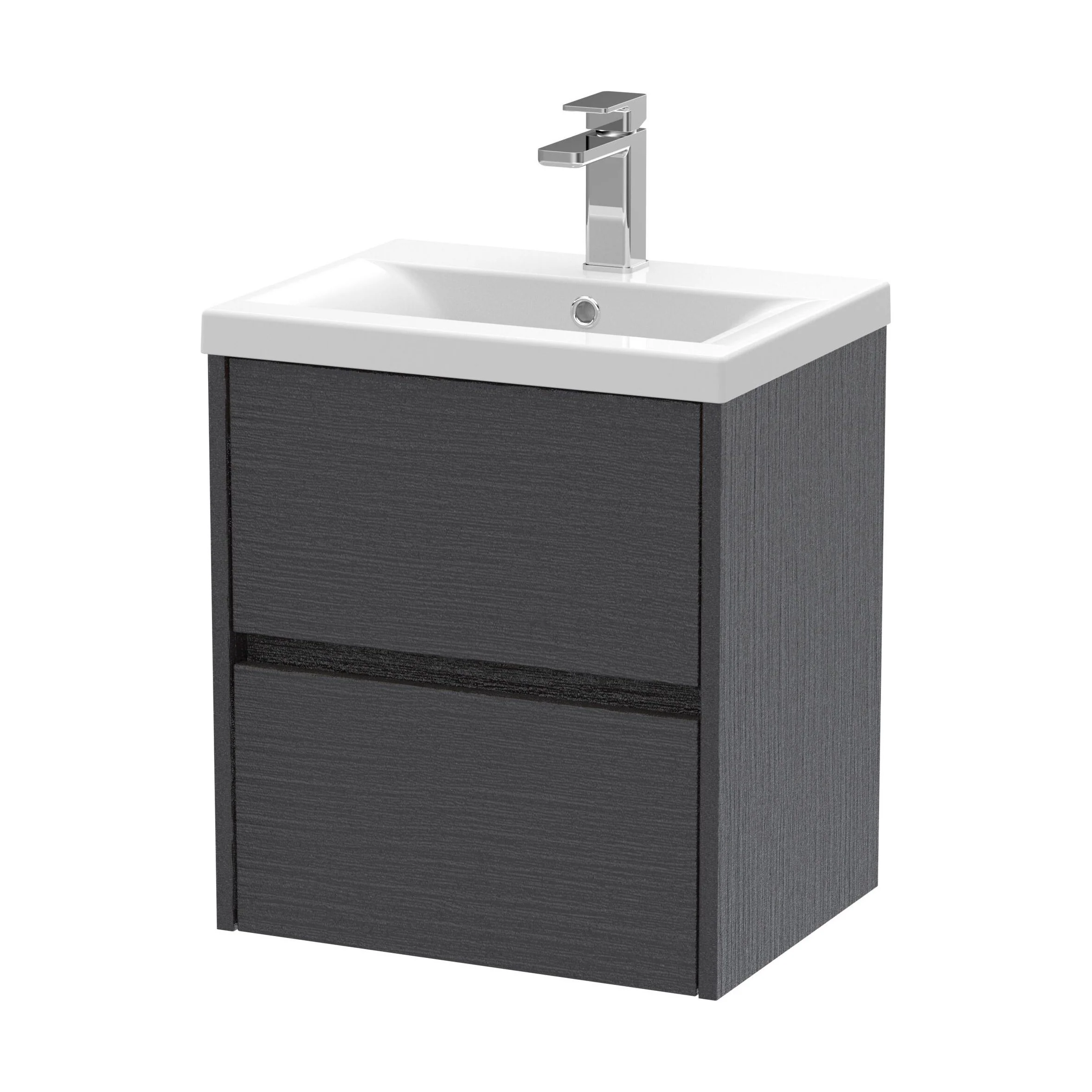 Square Wall Hung 2 Drawer Vanity Unit & Ceramic Basin, 500mm - Woodgrain Graphite Grey
