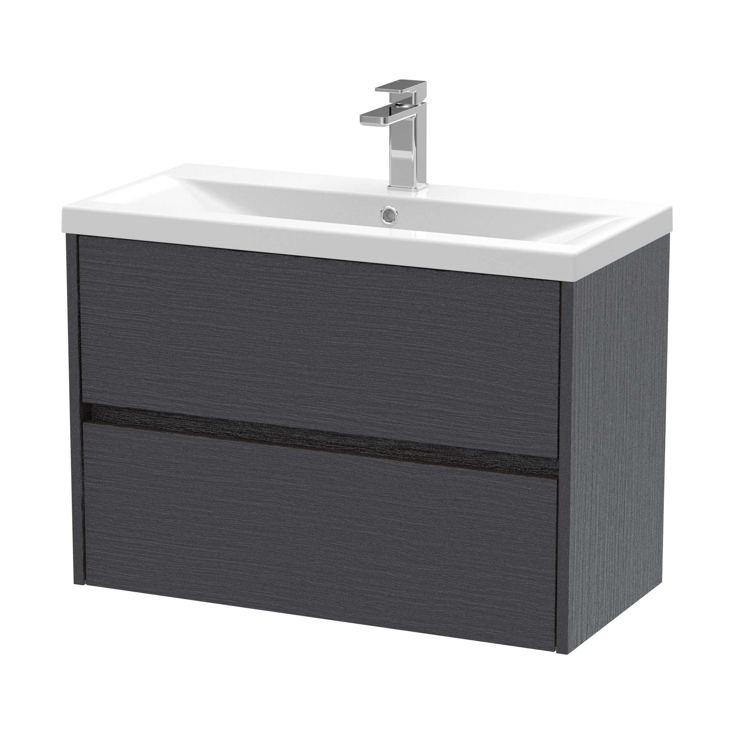 Square Wall Hung 2 Drawer Vanity Unit & Ceramic Basin, 800mm - Woodgrain Graphite Grey