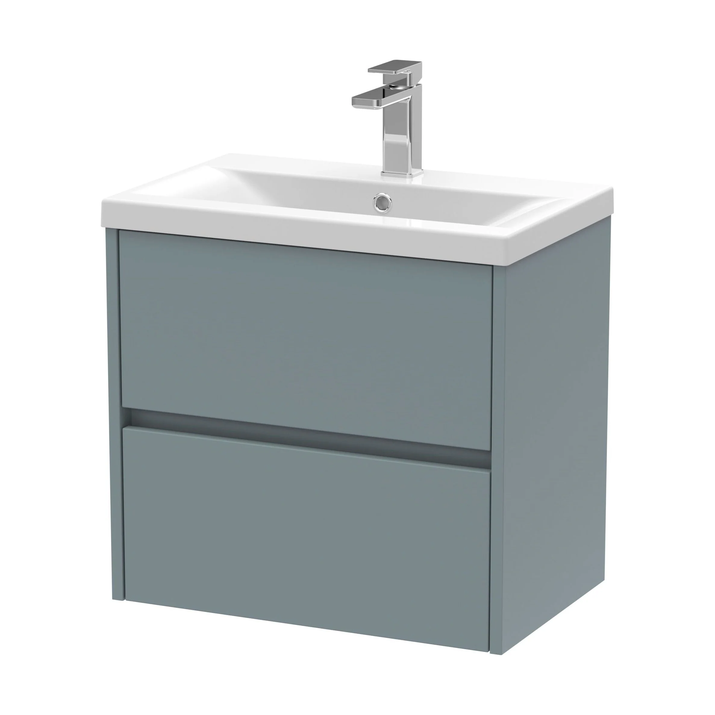Square Wall Hung 2 Drawer Vanity Unit & Ceramic Basin, 600mm - Matt Coastal Grey